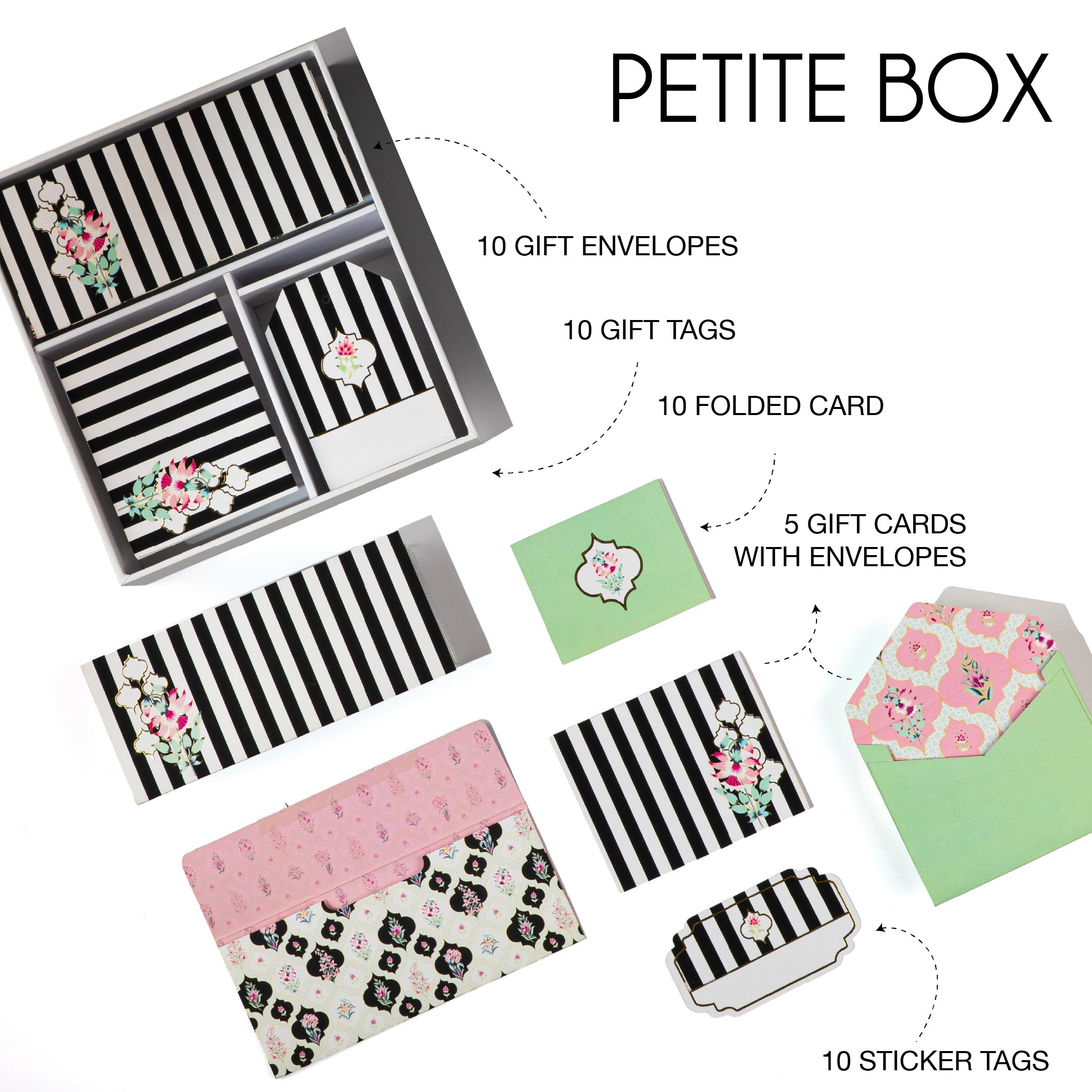 Black-and-white medallion stationery set with floral accents and coordinating envelope liners.