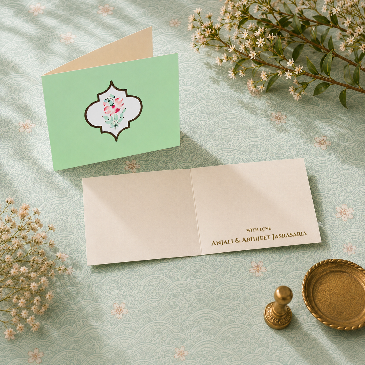 Elegant folded greeting card in soft mint tones featuring floral artwork and refined wedding stationery styling on a patterned background.
