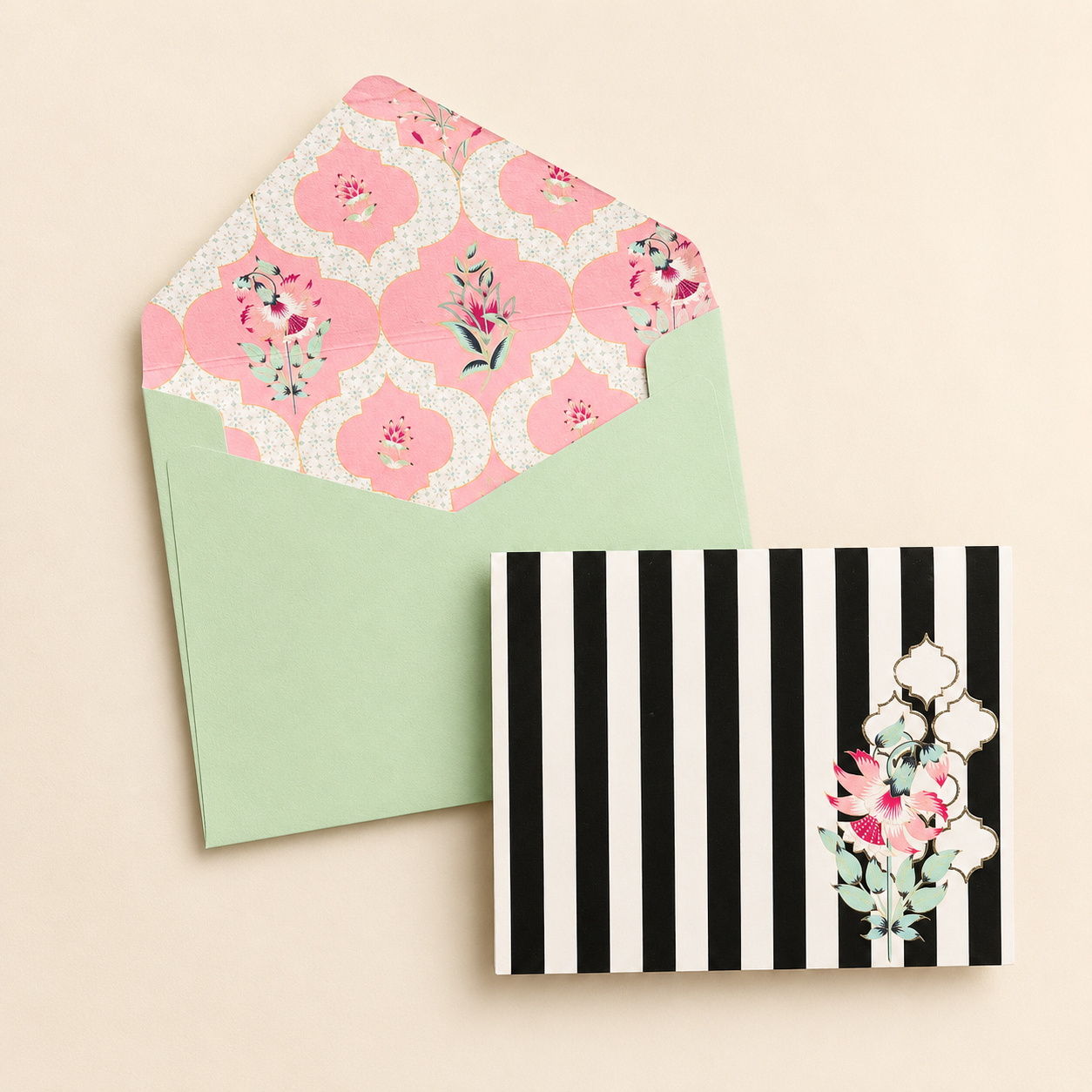 Elegant gift card and envelope set with floral artwork and bold monochrome stripes