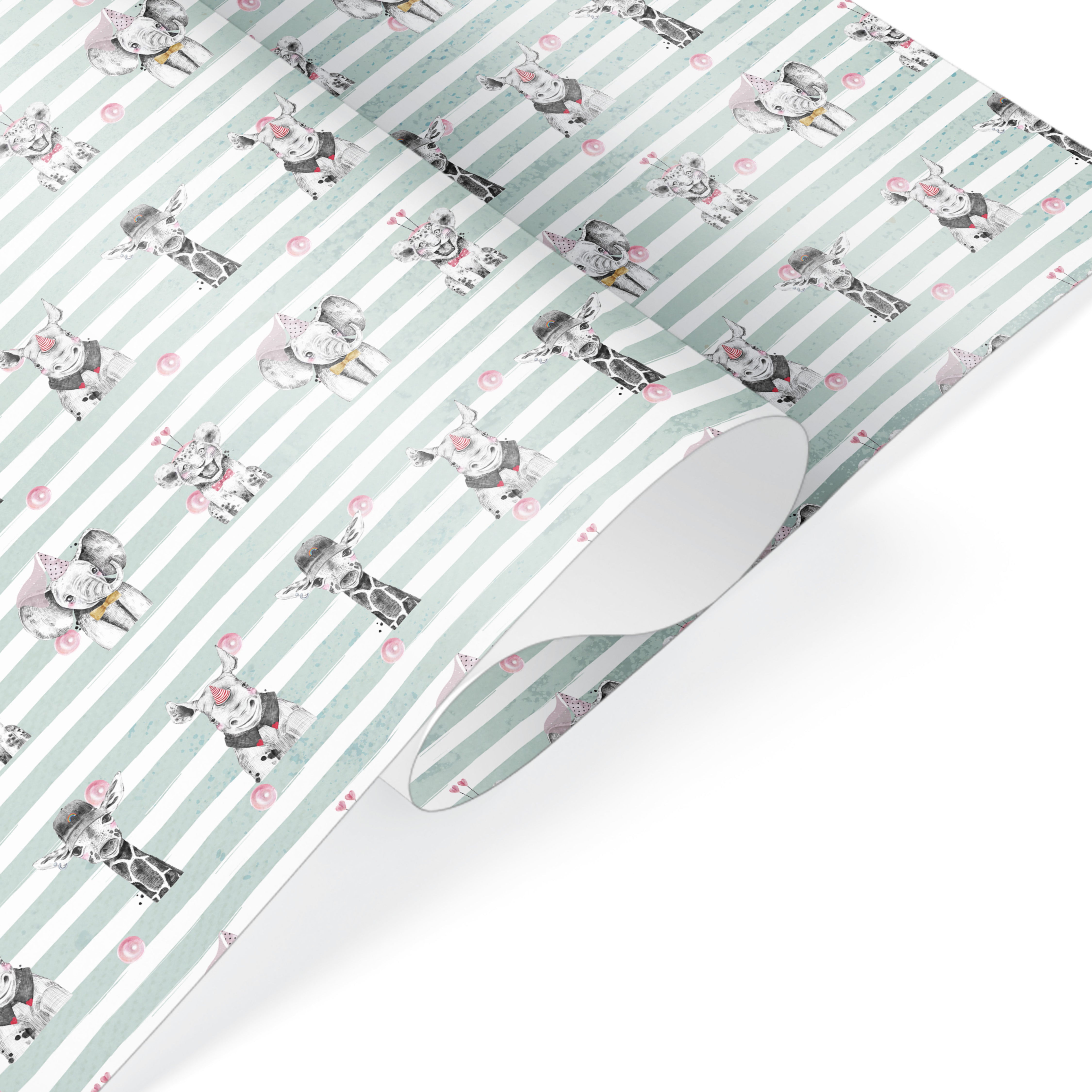 Animal print wrapping paper with elephants and giraffes on mint stripes, kids birthday gift wrap.