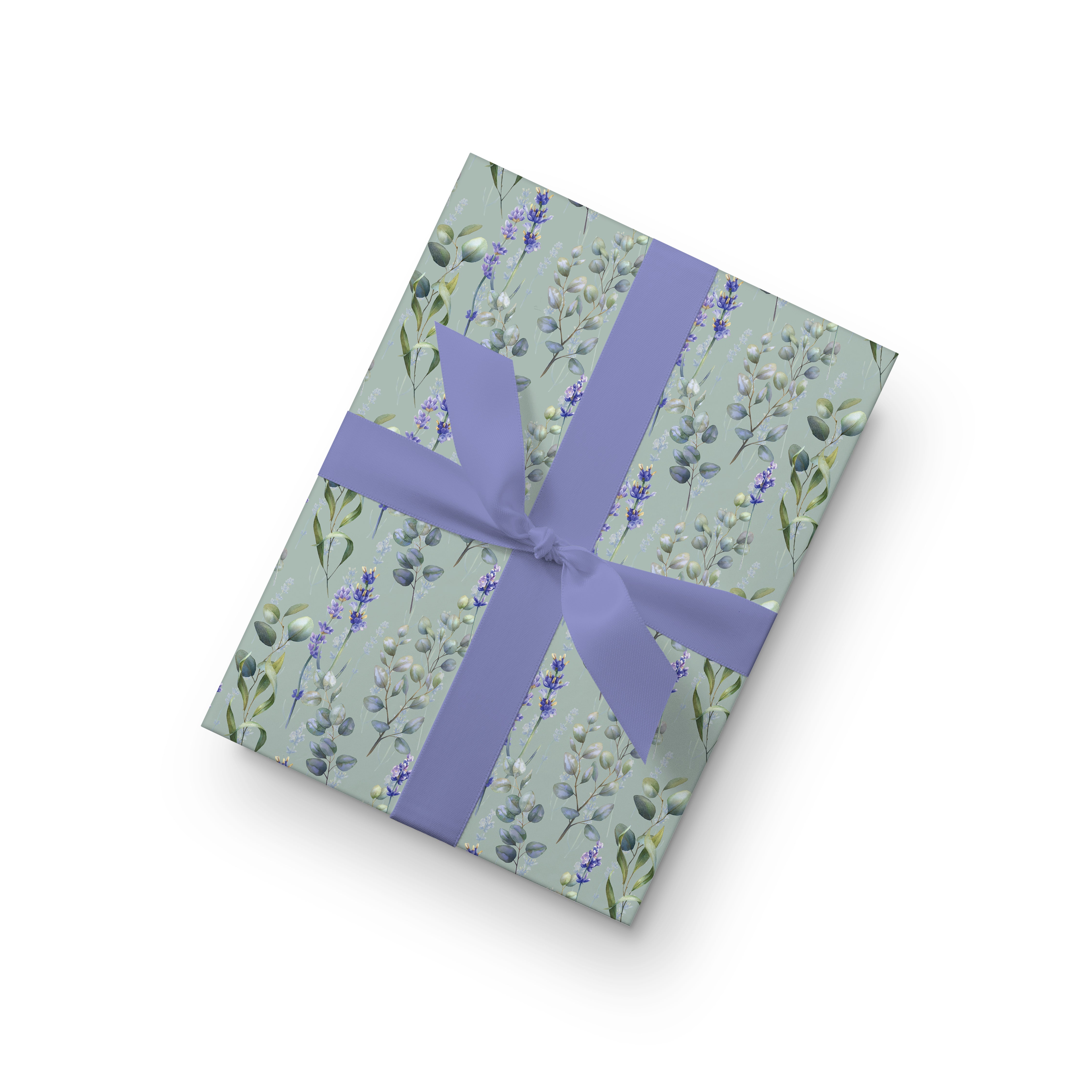 Sage green wrapping paper with lavender and eucalyptus watercolor botanical floral design.