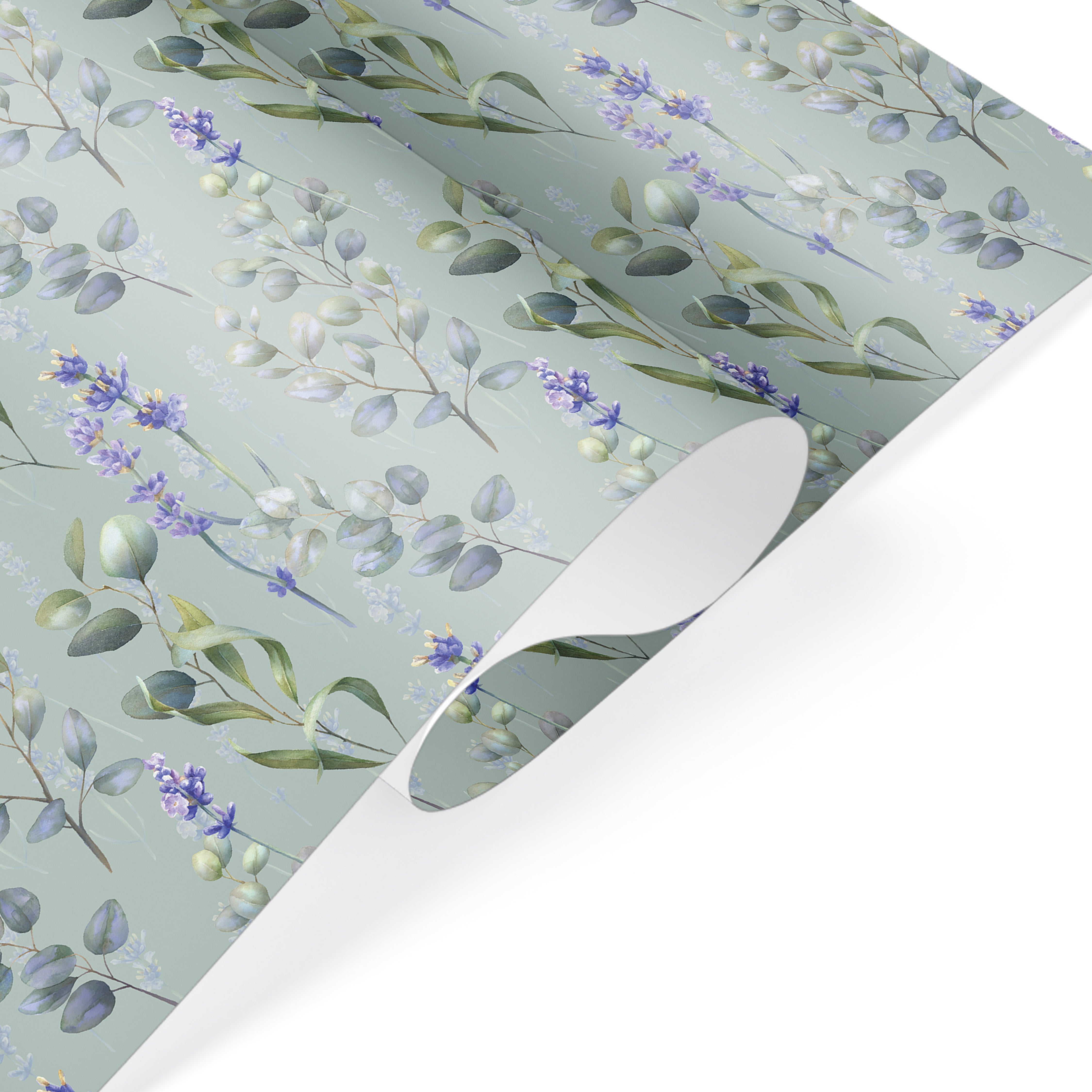 Sage green wrapping paper with lavender and eucalyptus watercolor botanical floral design.