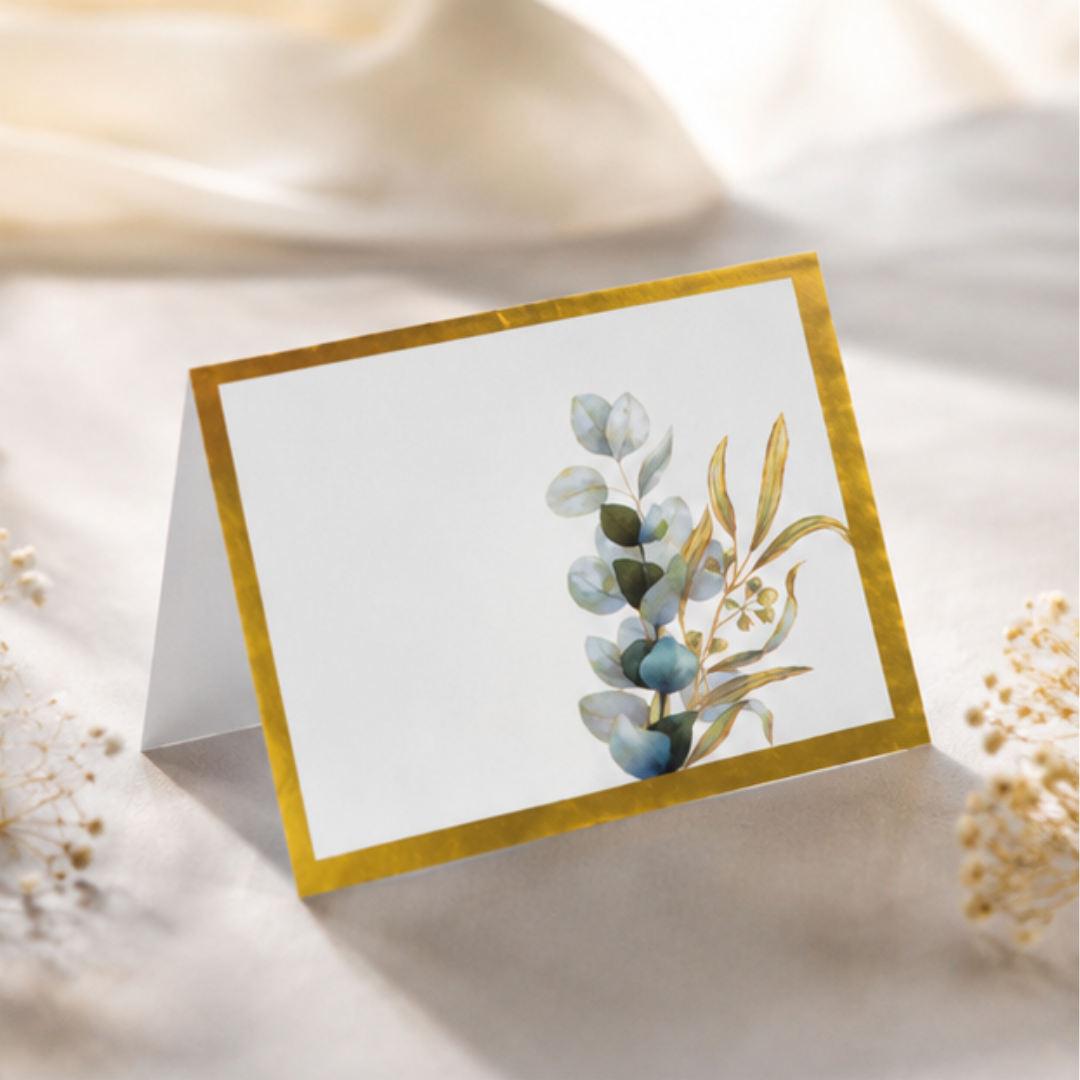 Sage green personalized gift cards featuring delicate blue botanical artwork and gold foil borders