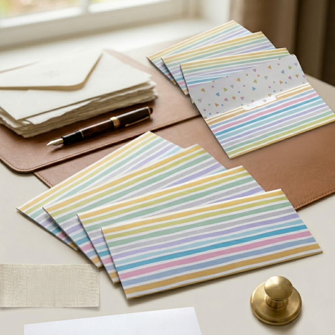 Luxury pastel striped gift envelopes with soft multicolour lines and modern geometric detailing.