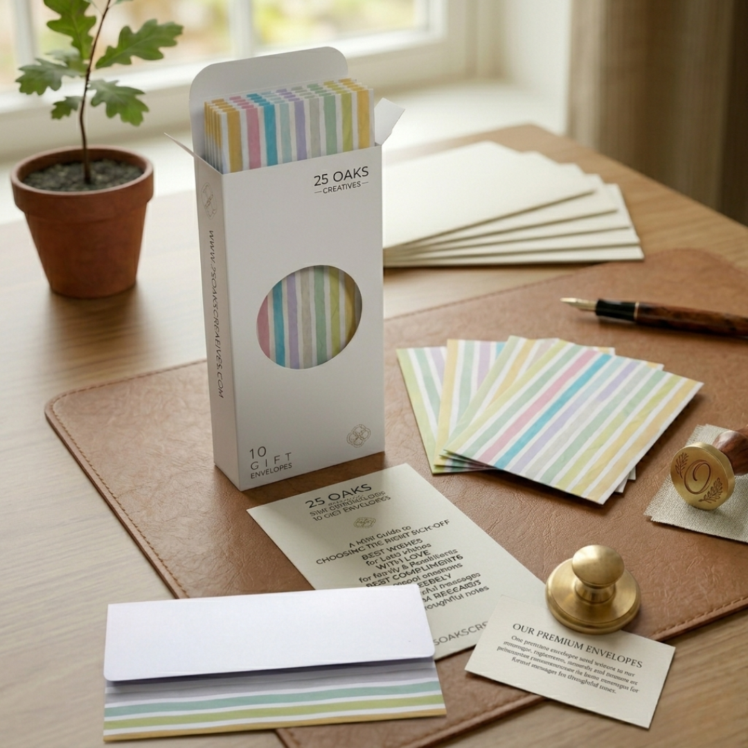 Premium multicolour money envelope set featuring pastel stripes and elegant minimalist design packed in a beautiful elegant white box with a notecard.