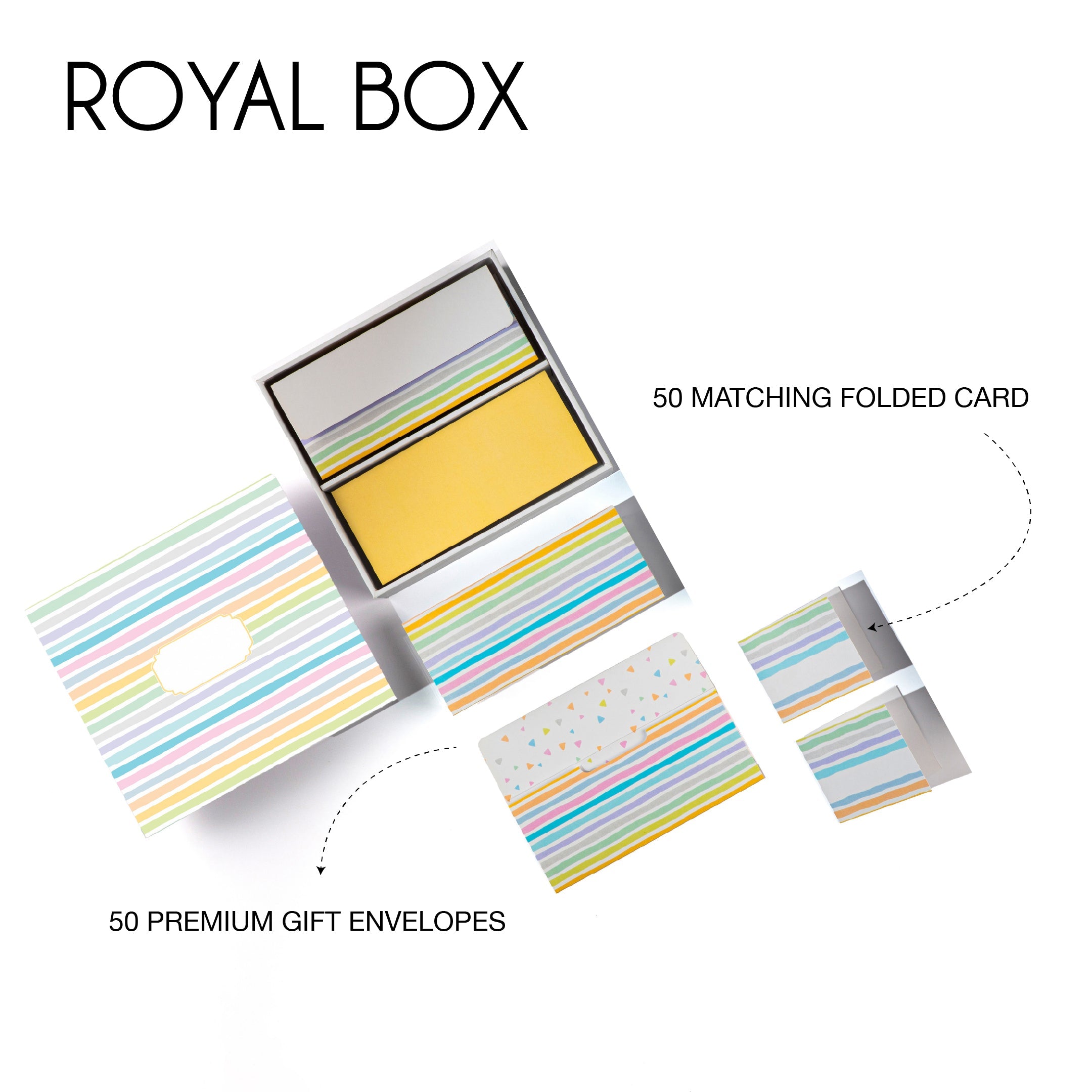 Colorful striped stationery set with envelopes, folded cards, and boxes in pastel tones.