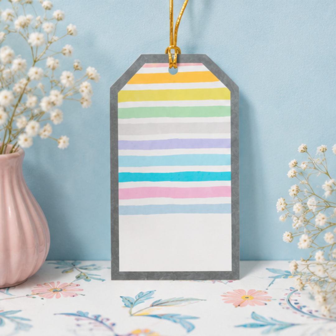 Minimal rainbow stripe hanging tags featuring soft pastel tones and modern design, perfect for hampers, birthdays, and festive packaging.