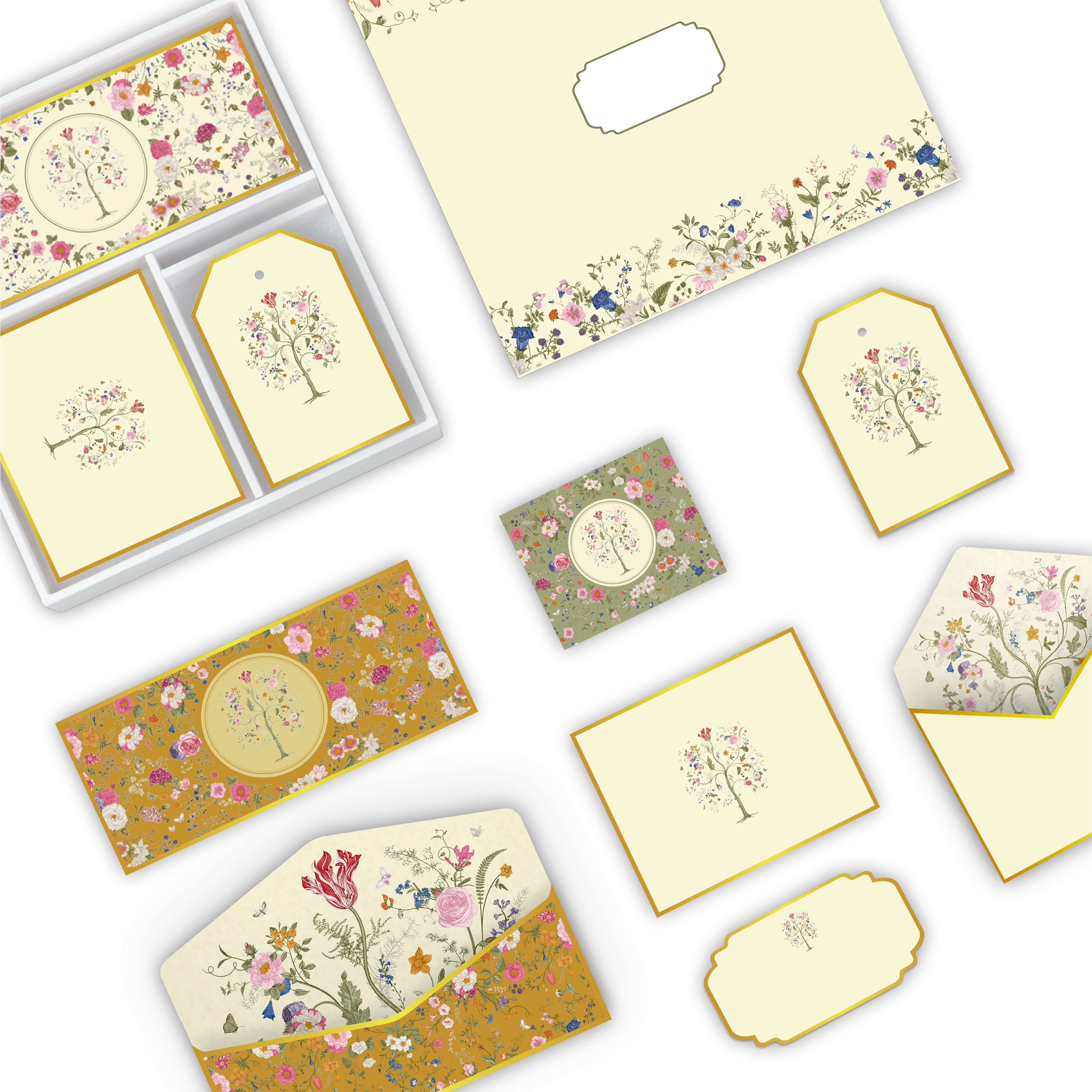 Elegant floral stationery box including money envelopes, folded cards, hanging tags, sticker labels, and gift cards with matching envelopes in coordinated design.