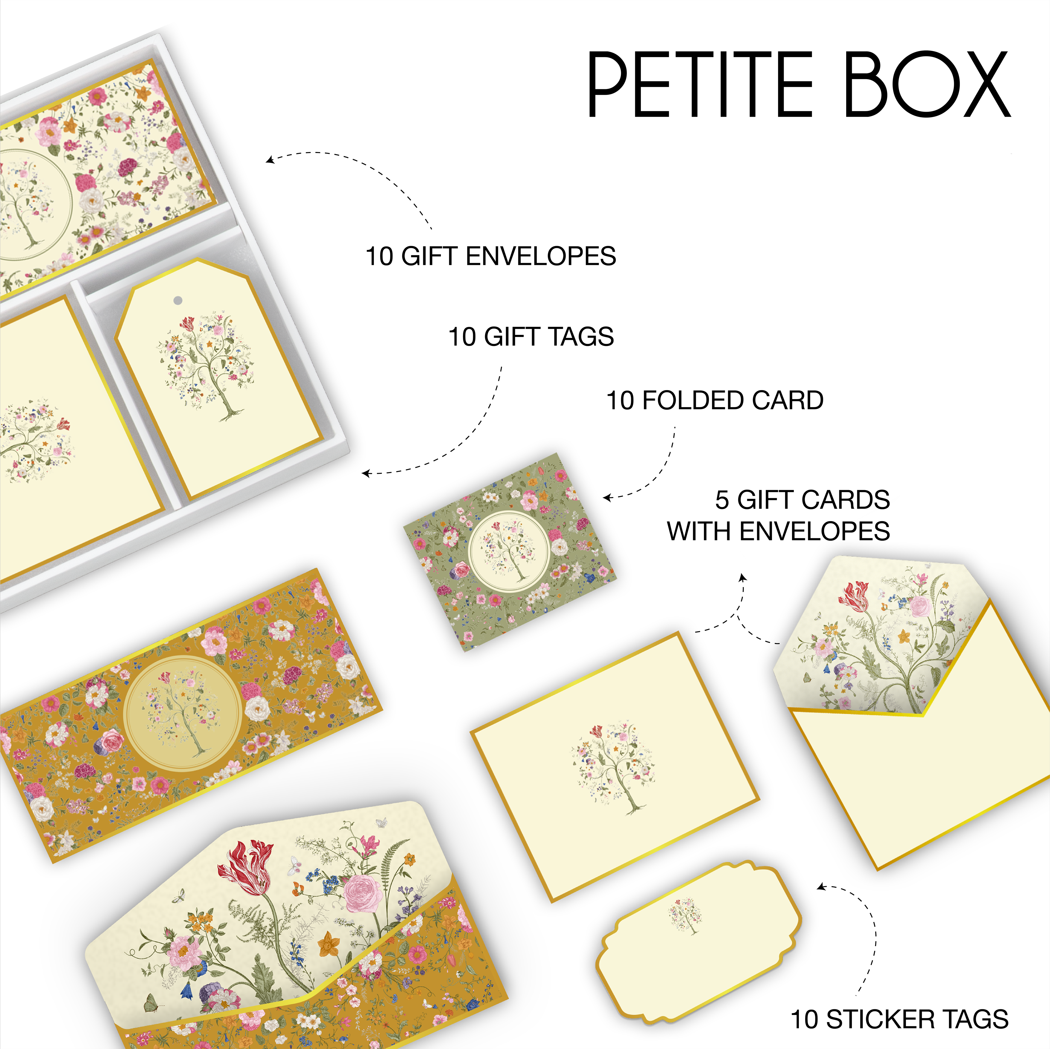 Elegant floral stationery box including money envelopes, folded cards, hanging tags, sticker labels, and gift cards with matching envelopes in coordinated design.