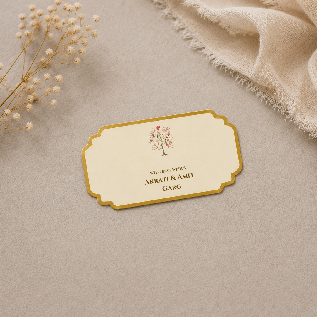 Elegant Tree of Life peel and stick gift tag with delicate botanical artwork and luxurious gold border detailing.