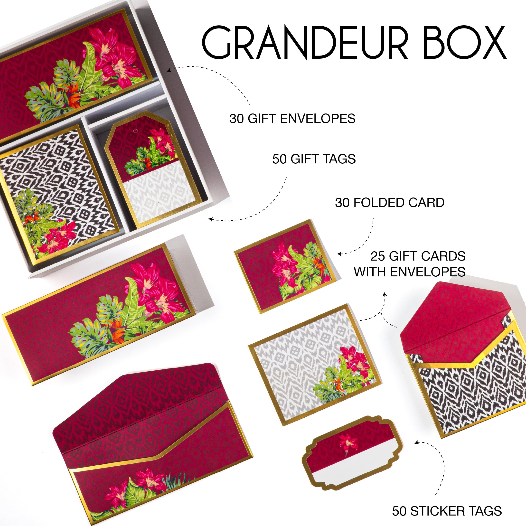 Bright fuchsia stationery with tropical floral and ikat print details in a boxed set.