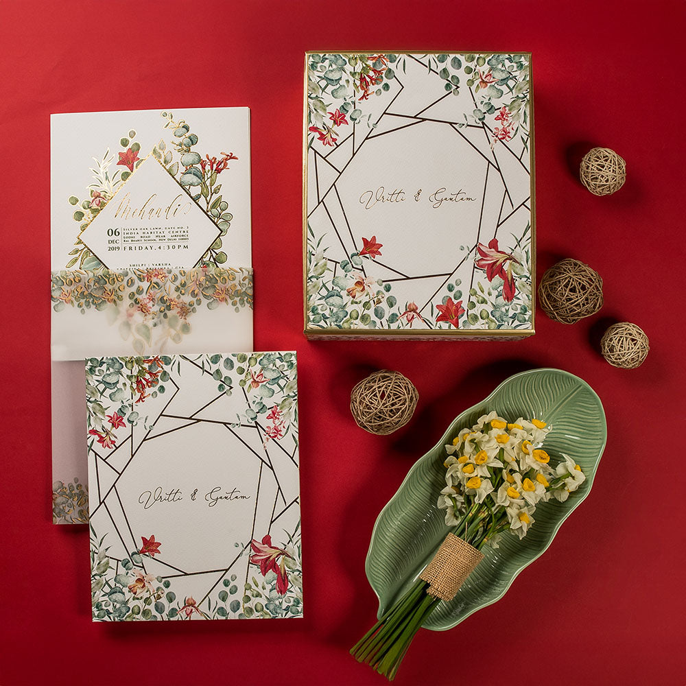 Boxed floral wedding invite set with geometric frame