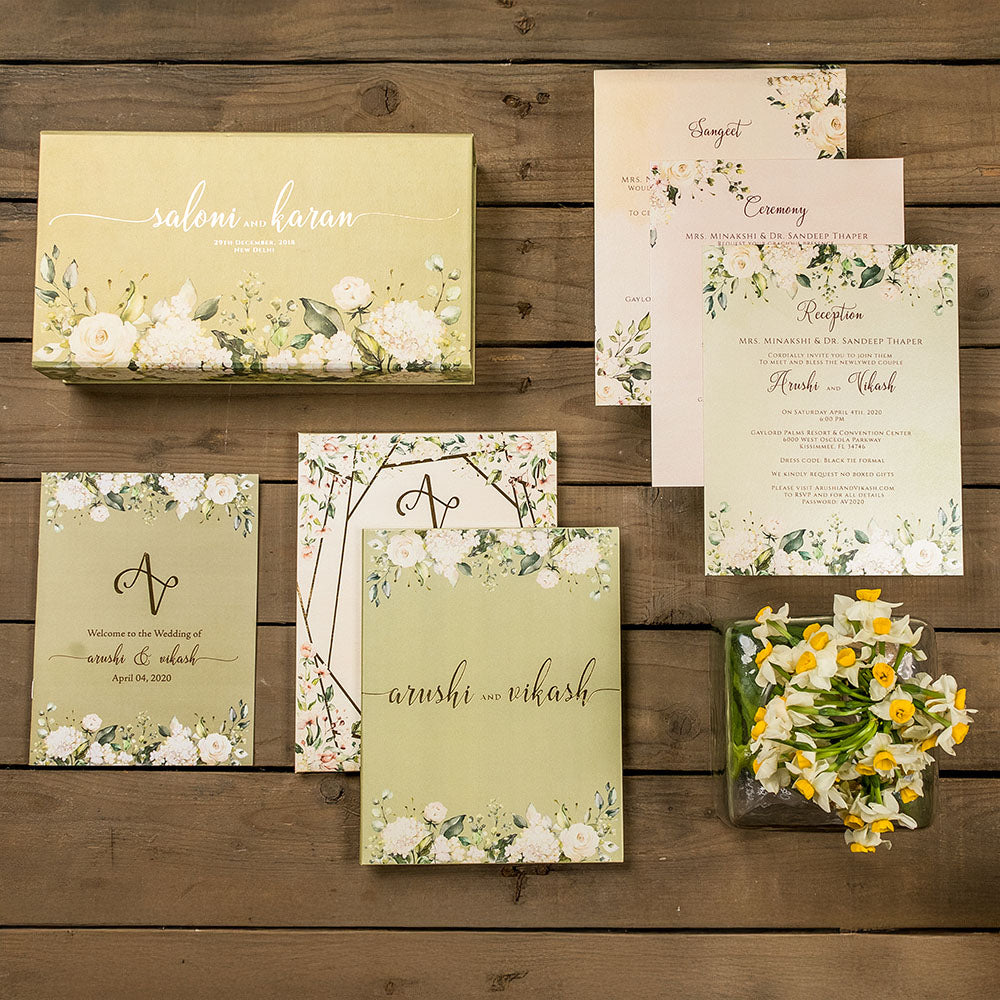 Floral wedding invitation suite in blush and sage for Florida wedding