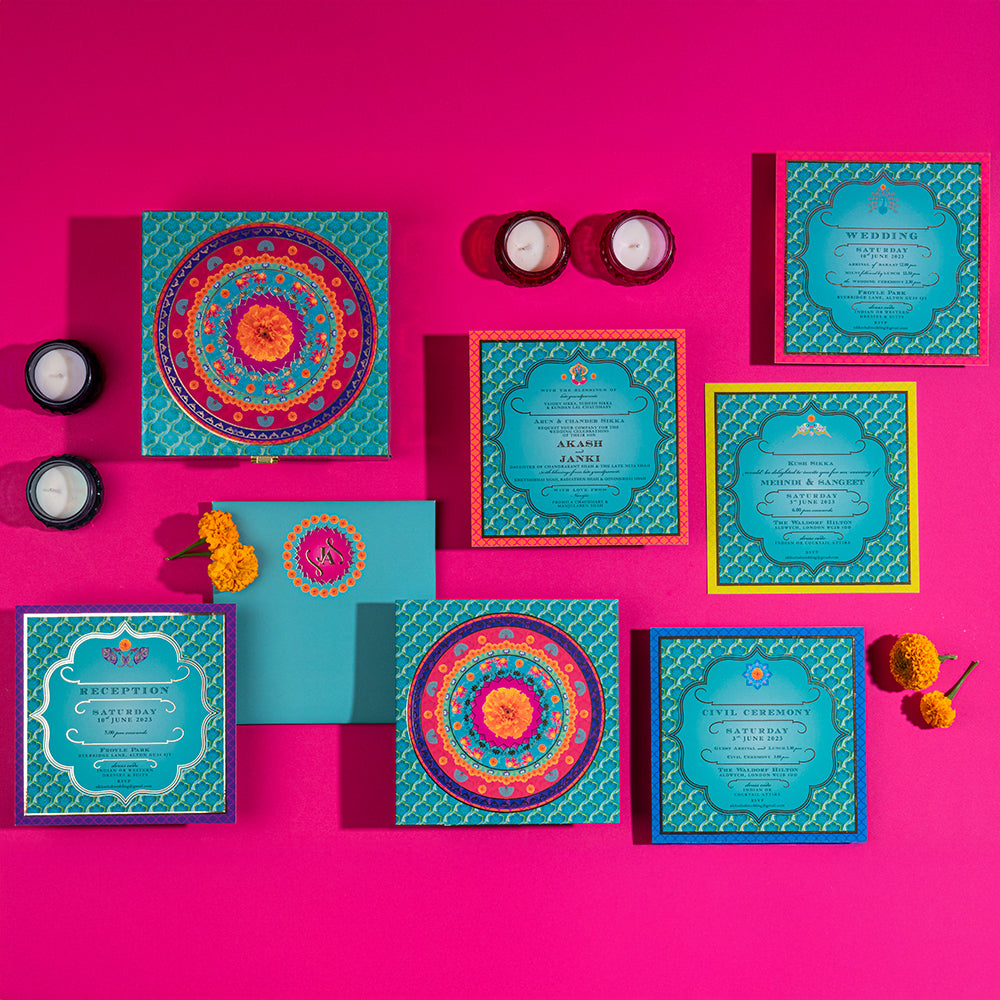 Indian wedding invitation with radiant mandala design for multicultural London wedding