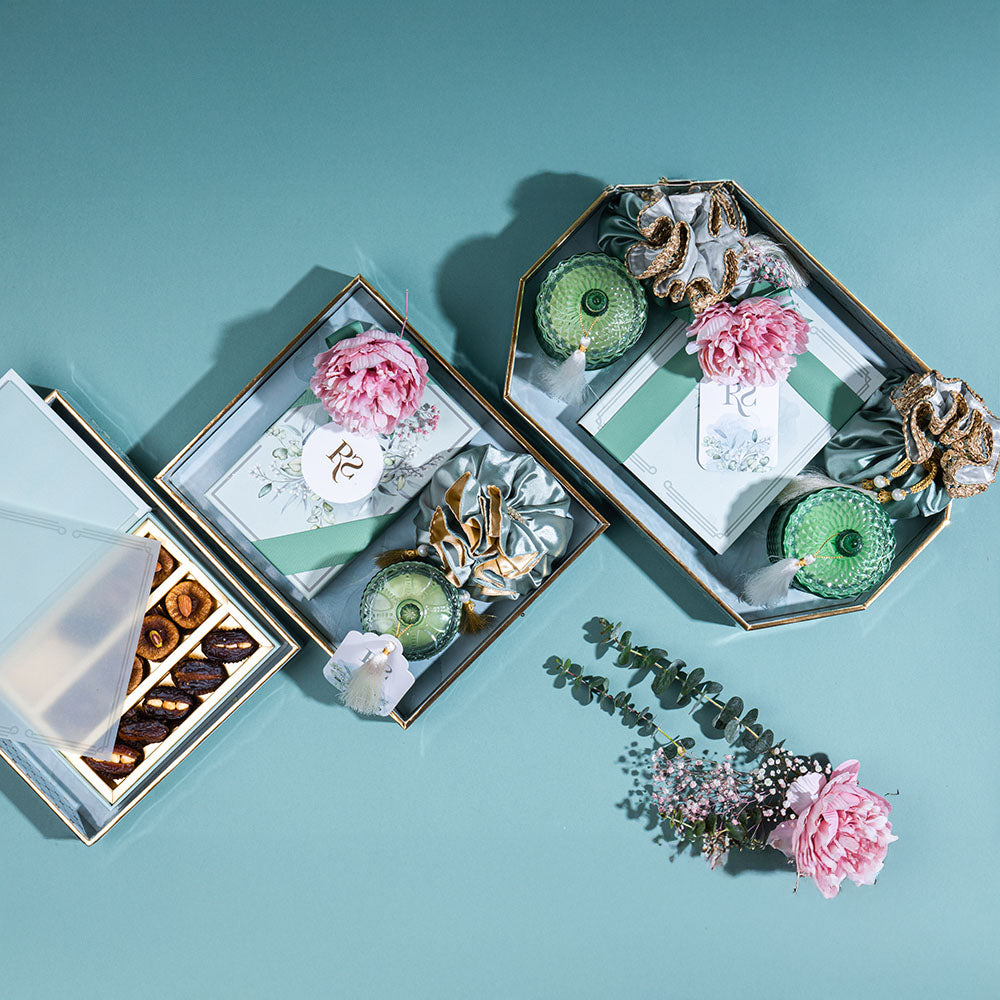 Personalised wedding gift hamper with potlis, dry fruits, and bespoke candles