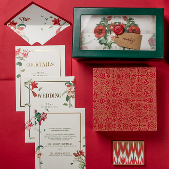 Red floral wedding invitation with transparent keepsake box