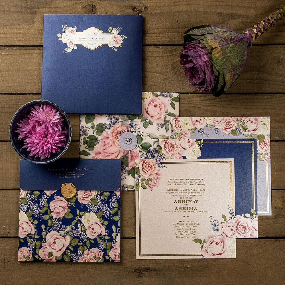 Blue and blush floral wedding invitation set with wax seals