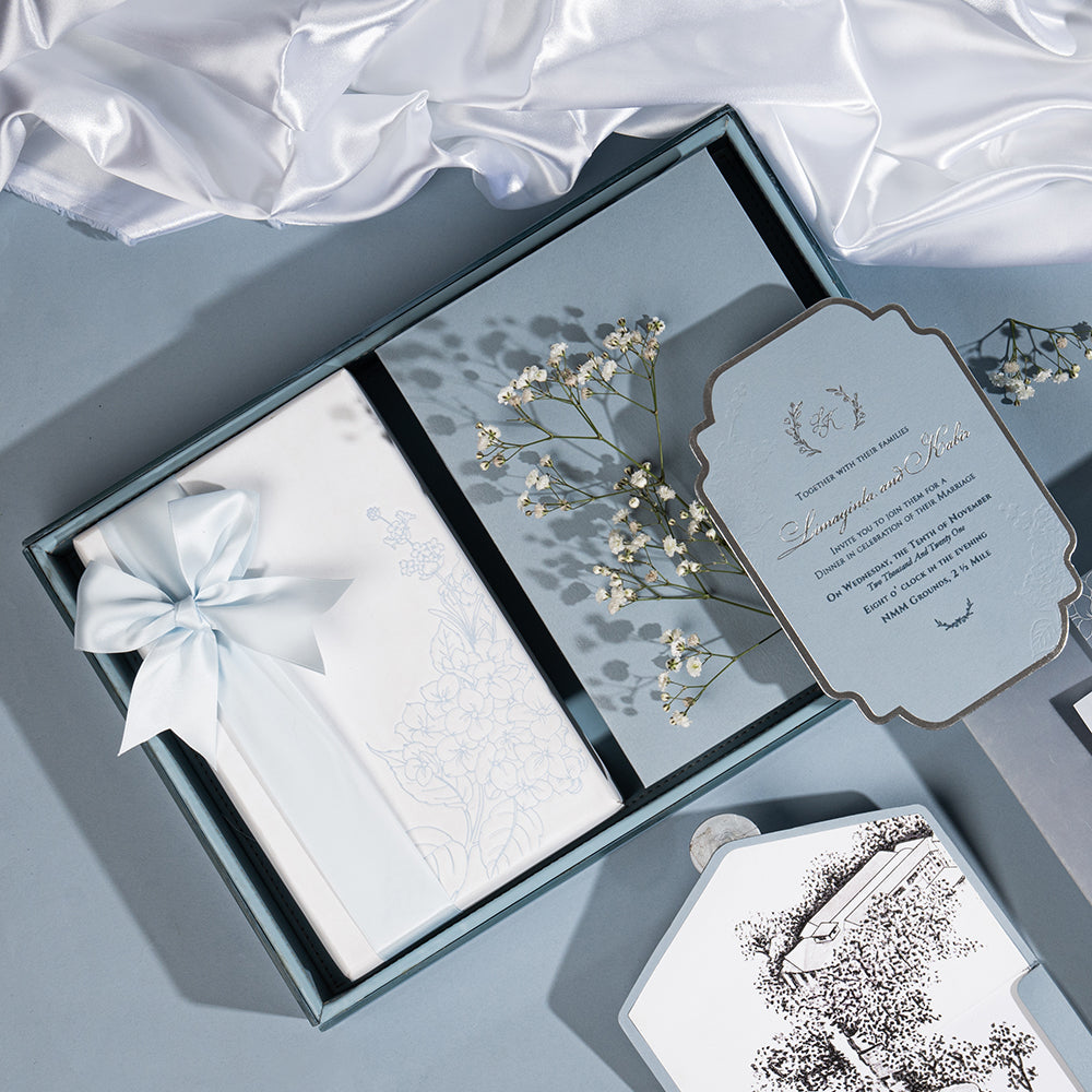 Luxury wedding invitation set with keepsake tray and hand-drawn florals