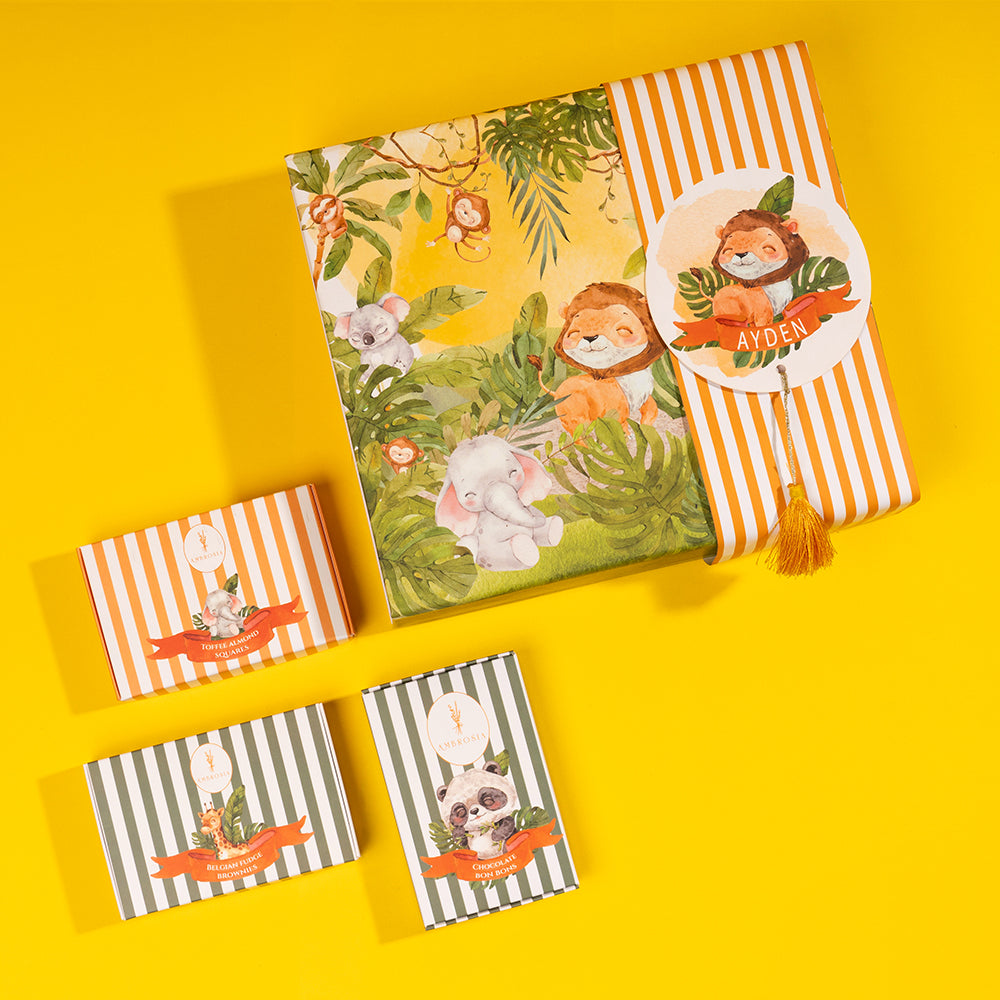 Whimsical jungle-themed baby announcement box with gourmet sweets