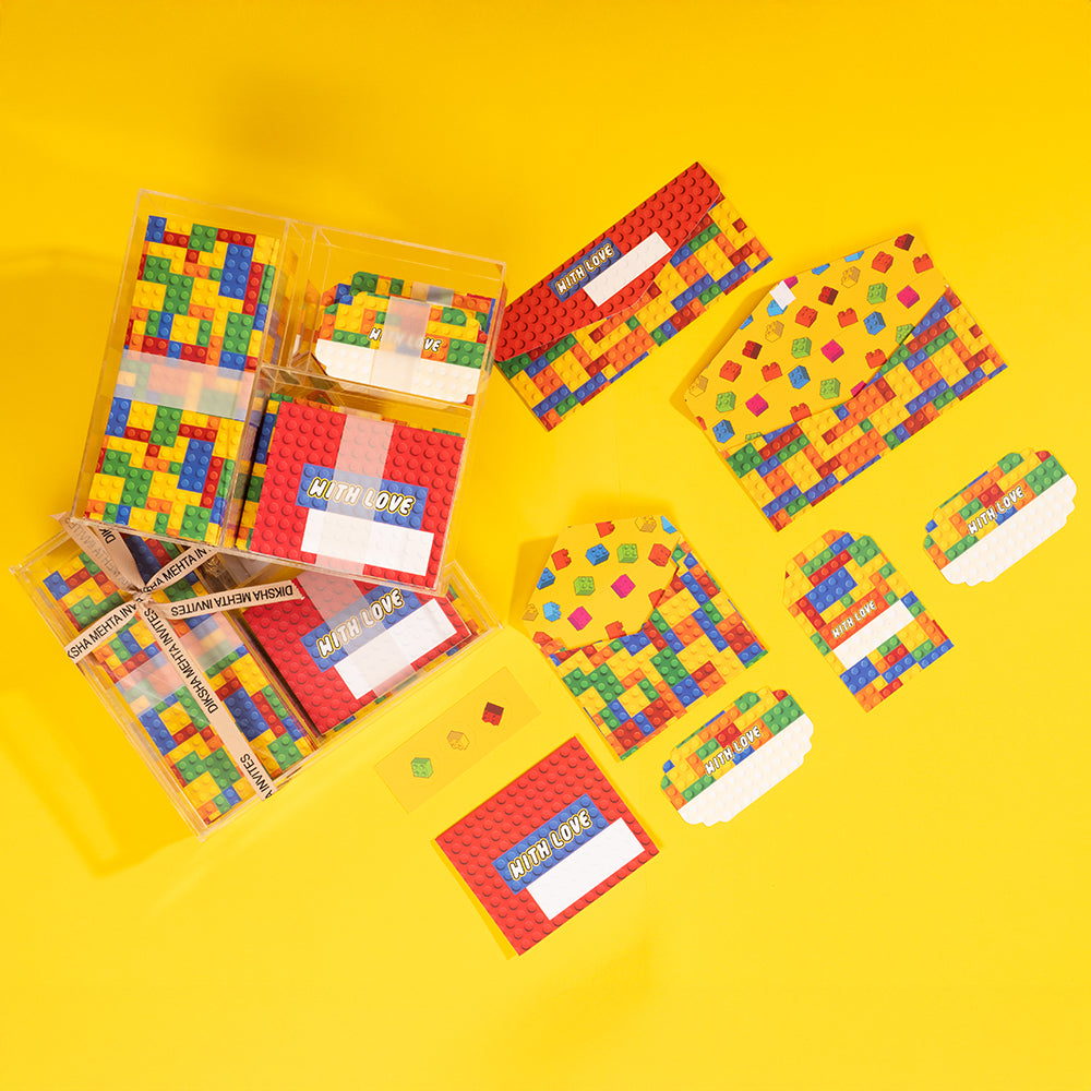 Brick-inspired kids birthday favour box with personalised items