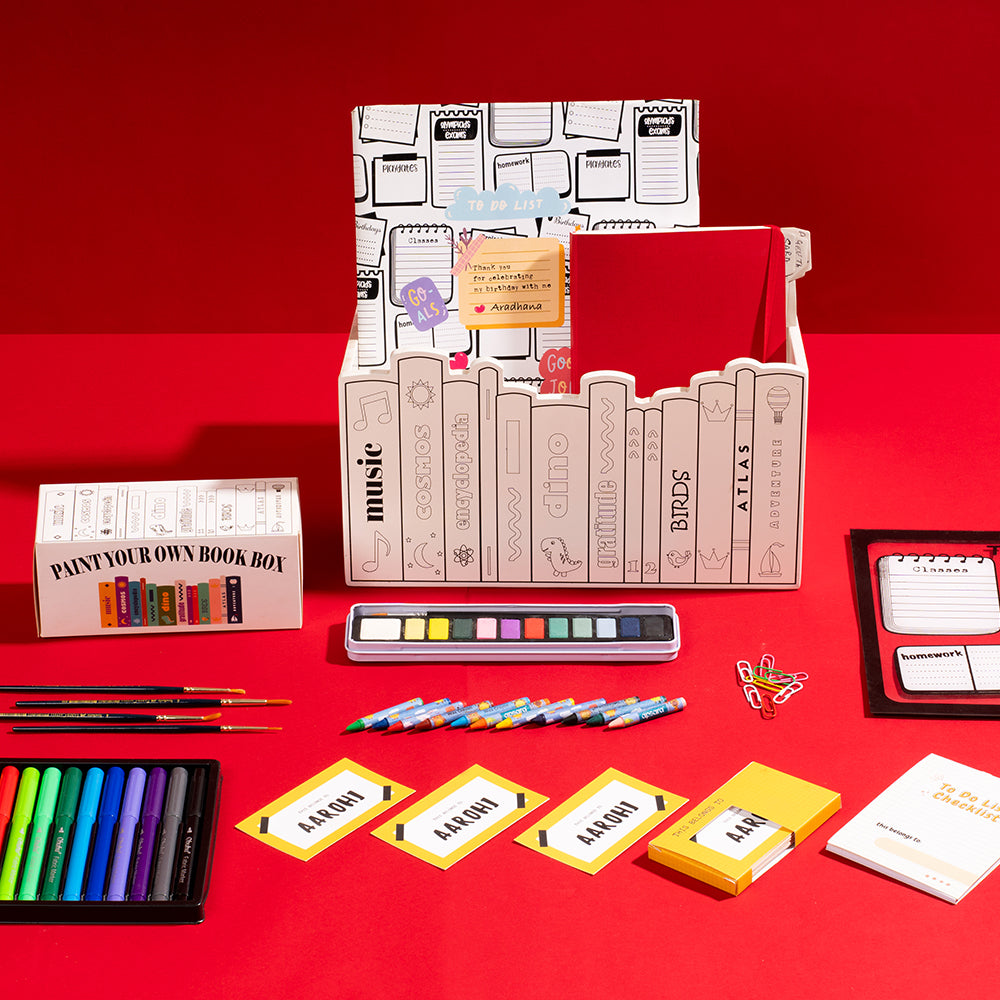 DIY bookcase return gift with stationery and school supplies for kids