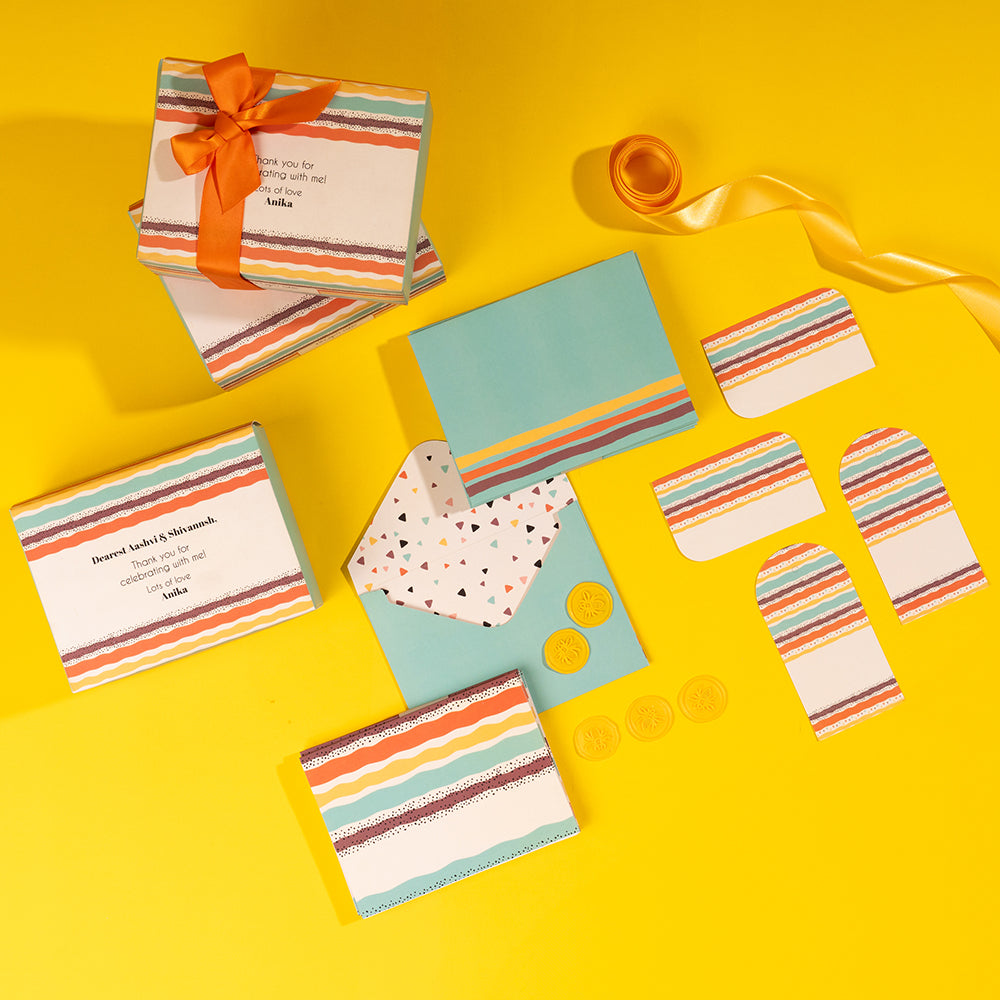 Vibrant birthday return favour with custom notecards and bookmarks