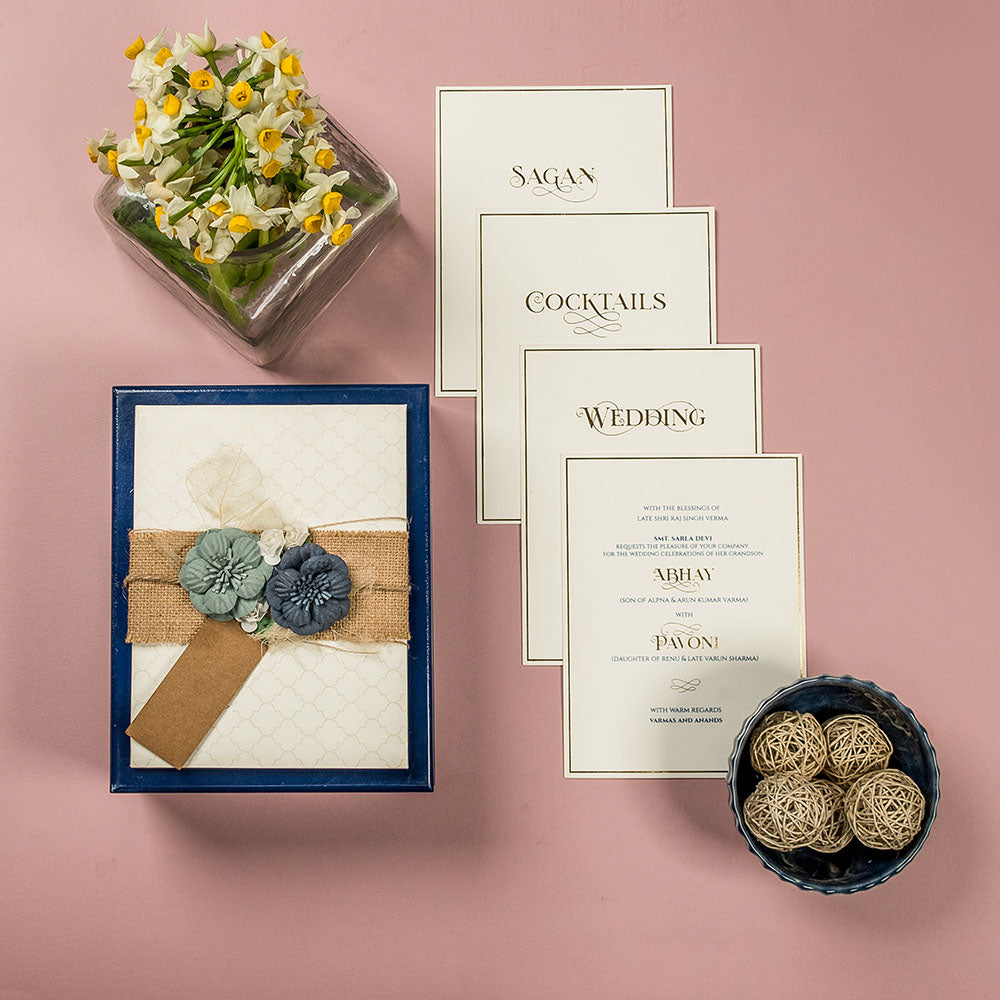 Minimalist Indian wedding invitation with natural textures and soft details