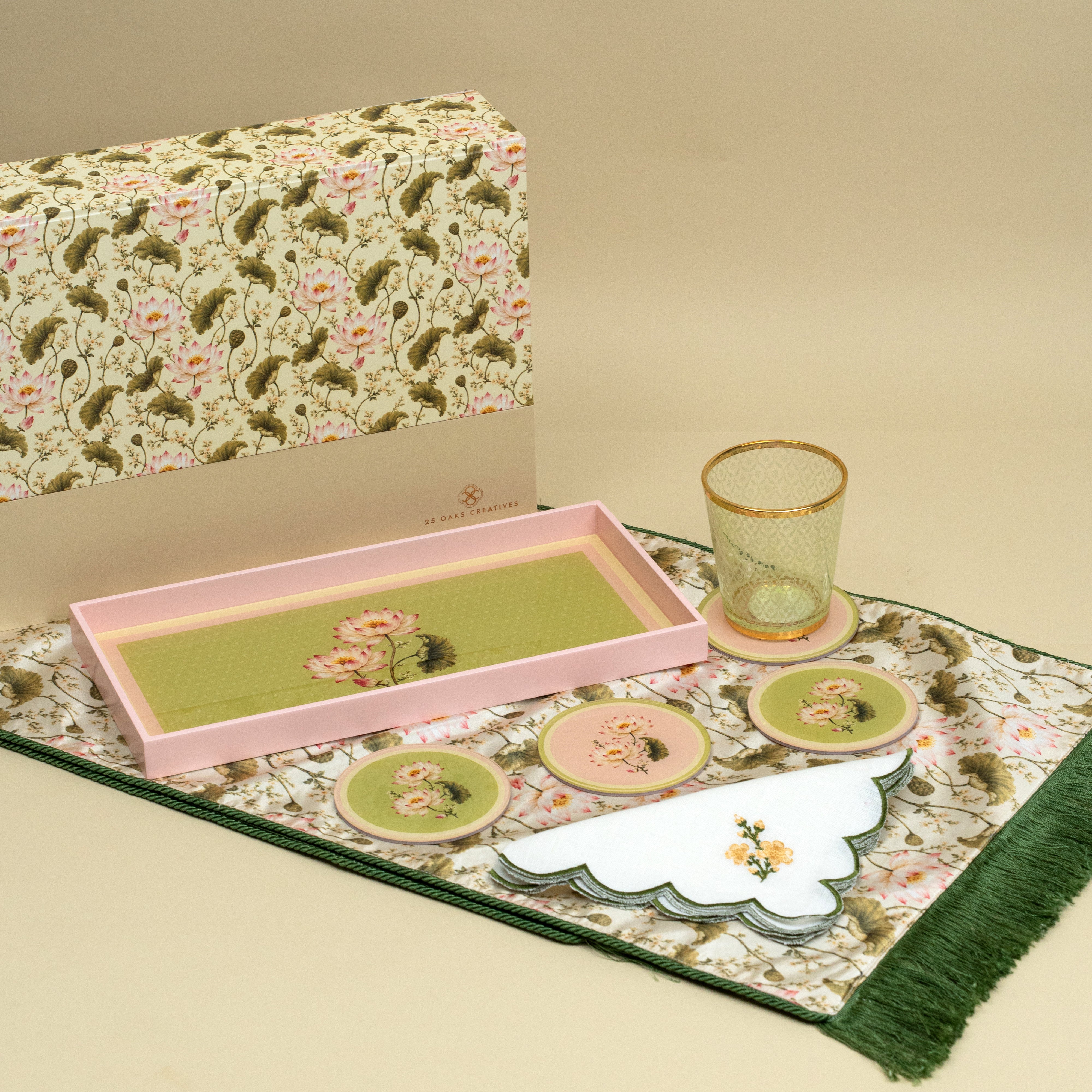 The Entertainer festive gift set with floral table runner, pink tray, coasters and dinner napkins