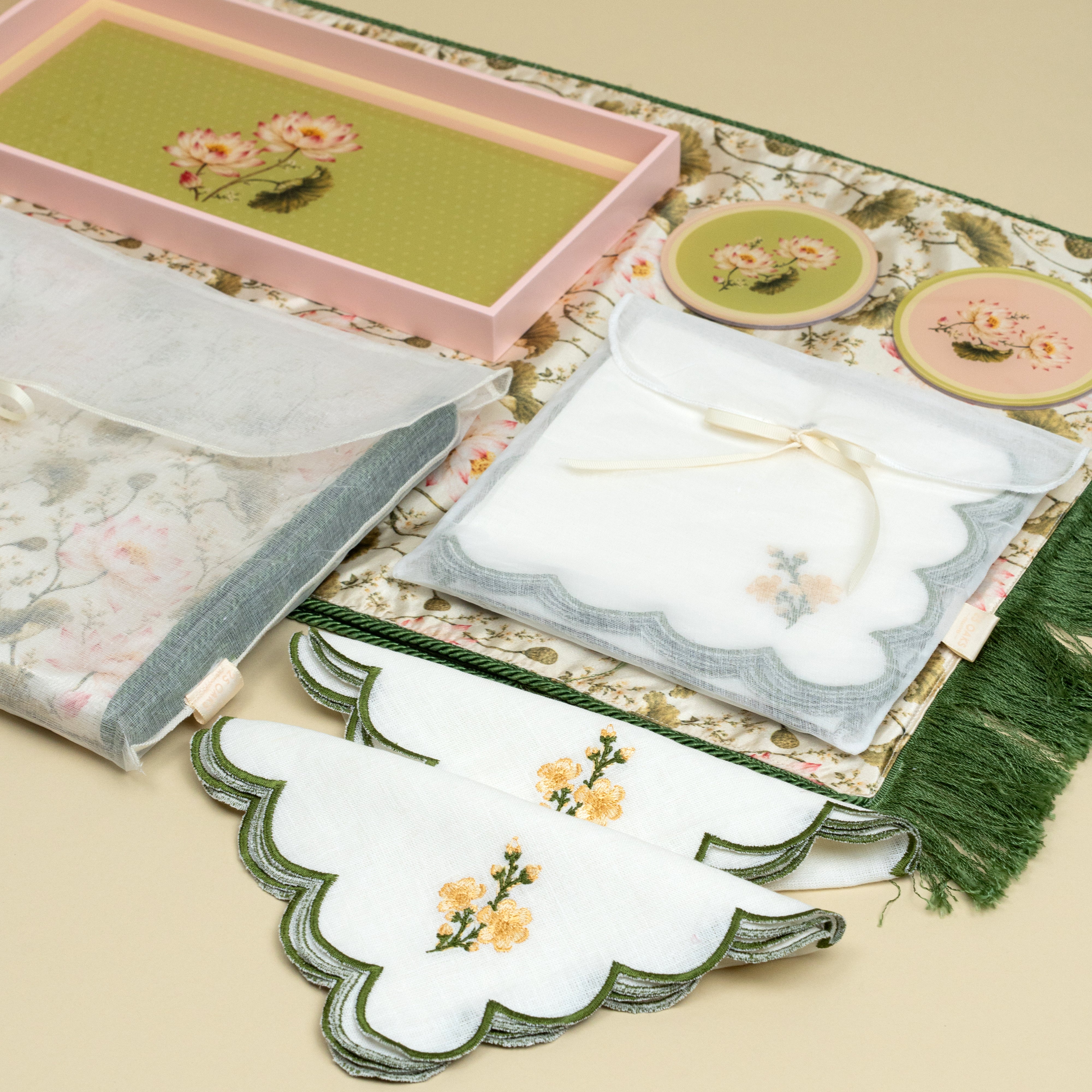 Elegant floral table linen and home décor gift set for festive and corporate gifting