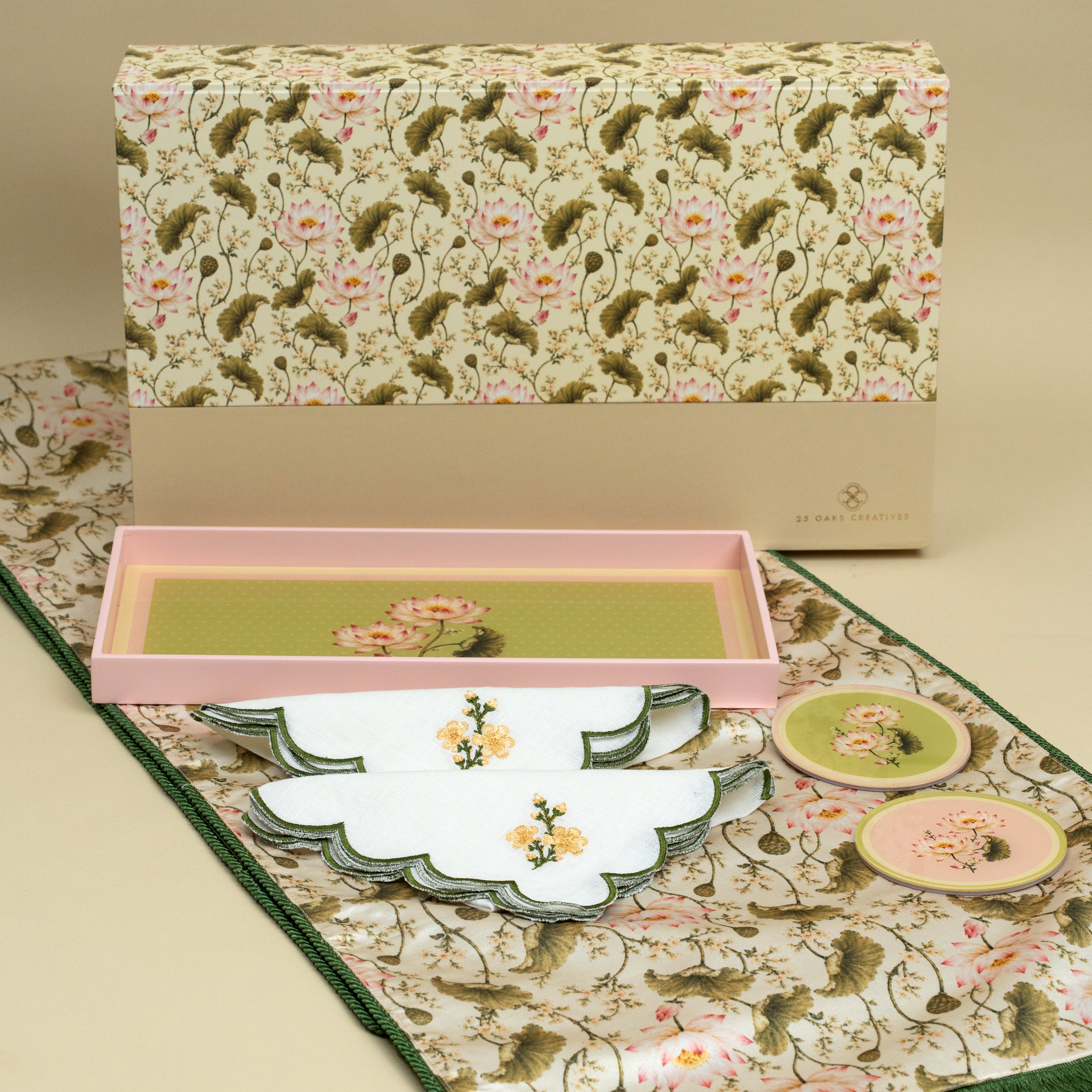 The Entertainer festive gift set with floral table runner, pink tray, coasters and dinner napkins