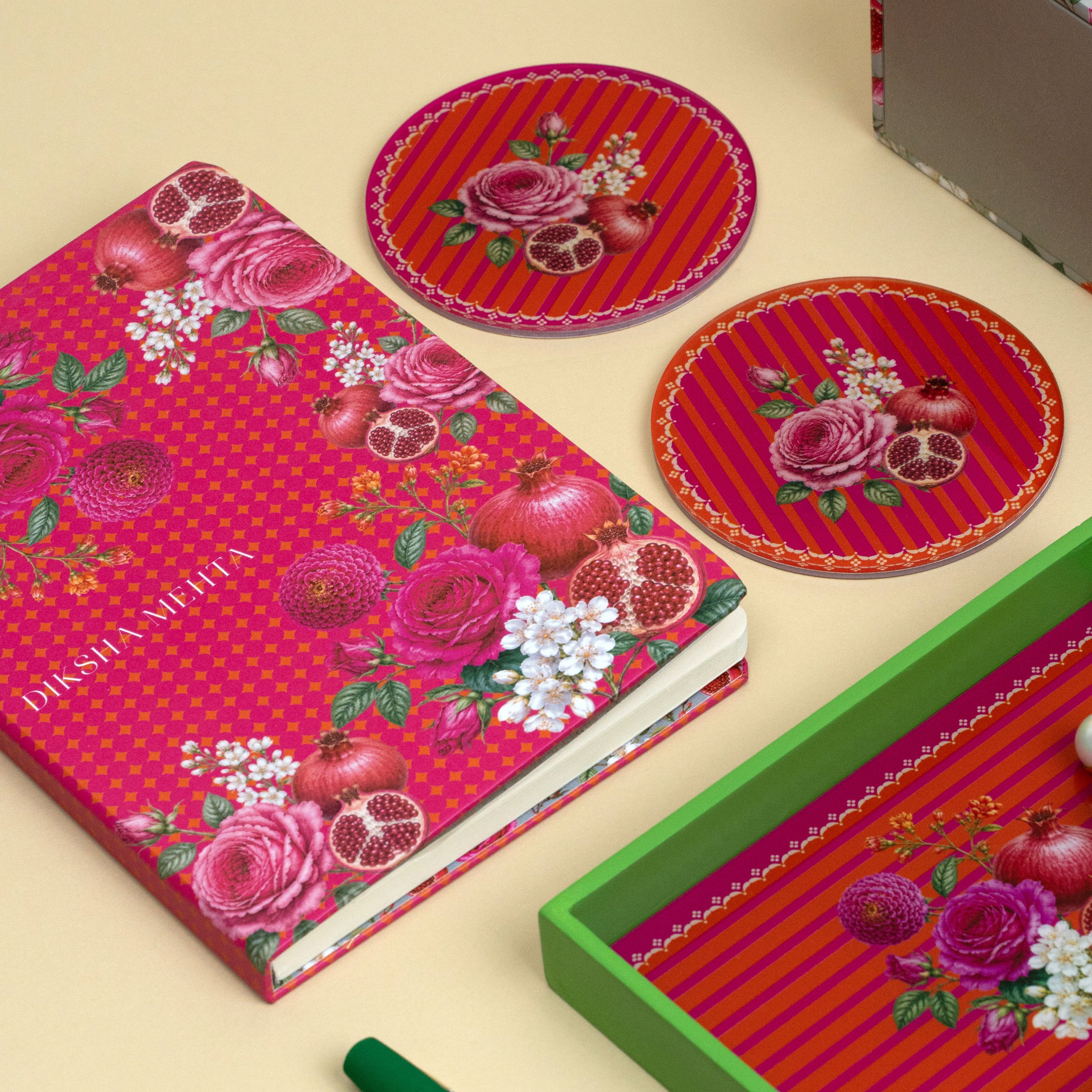 Personalized diary and pen with floral trinket tray and coasters
