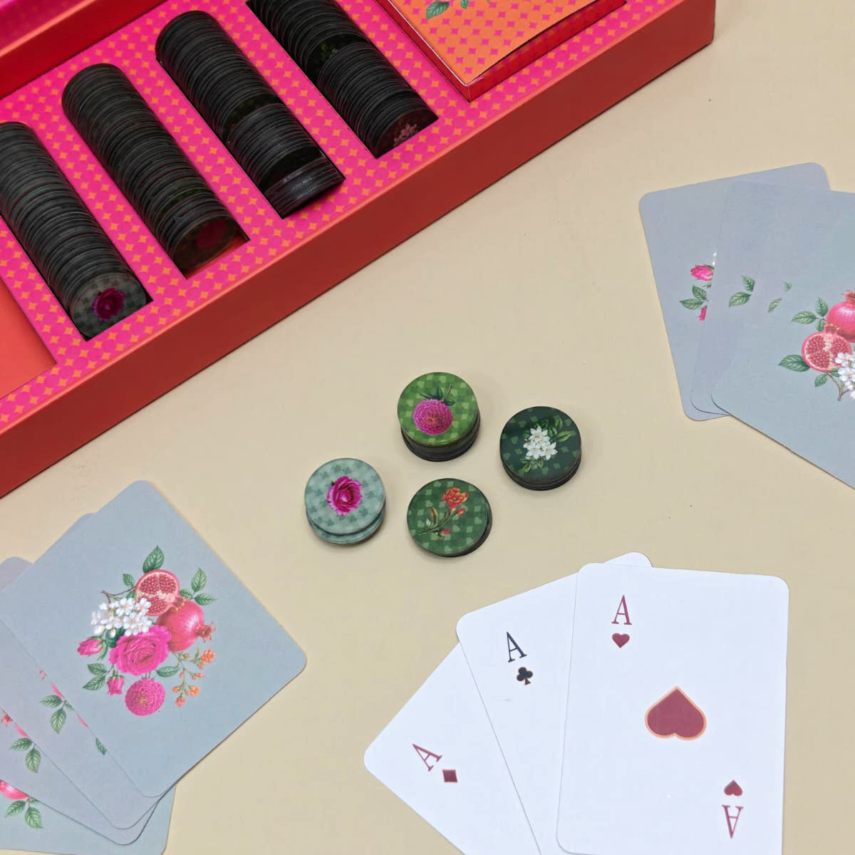 Luxury game night gift set with floral playing cards and poker chips