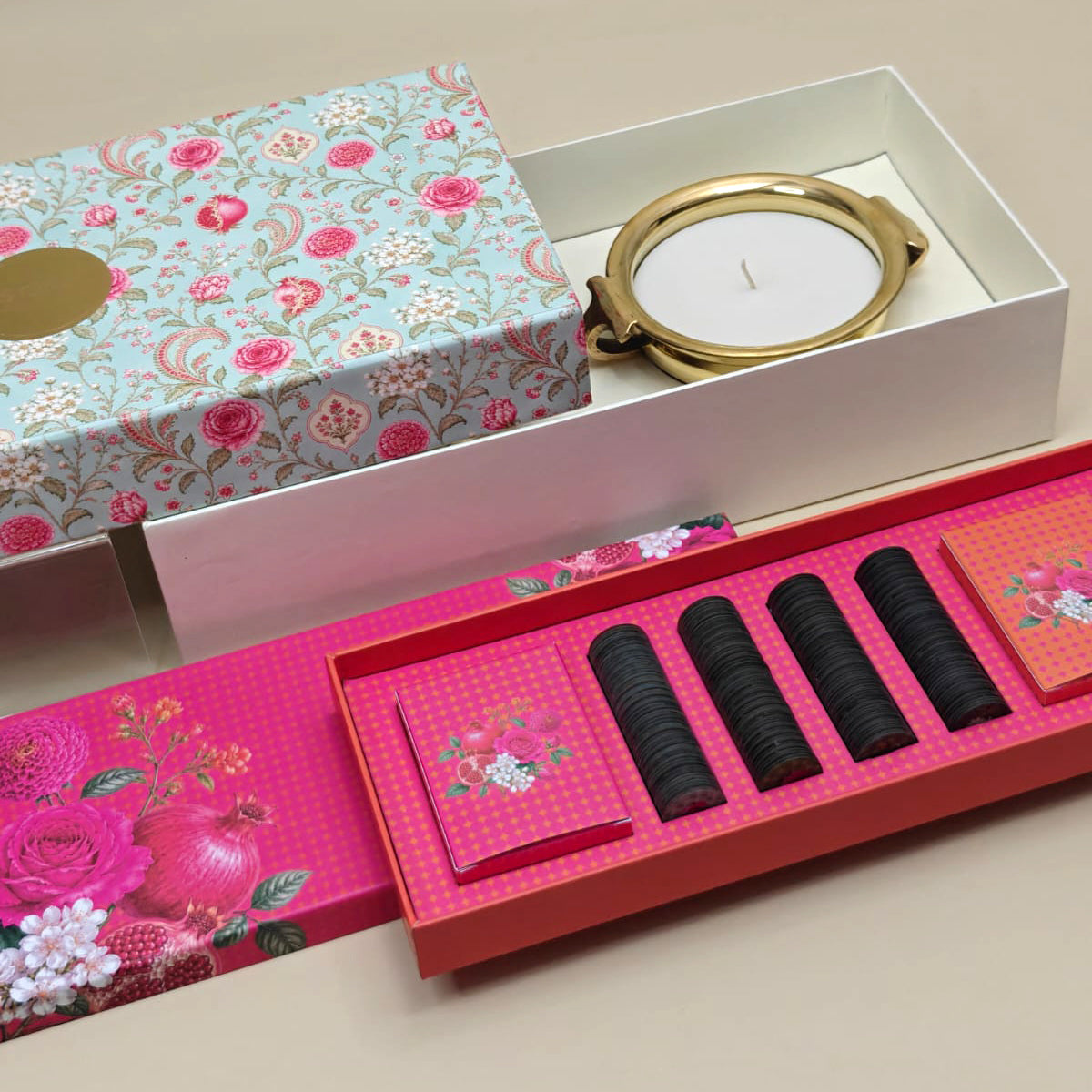 The Game Night gift set with playing cards, poker chips and brass Urli candles