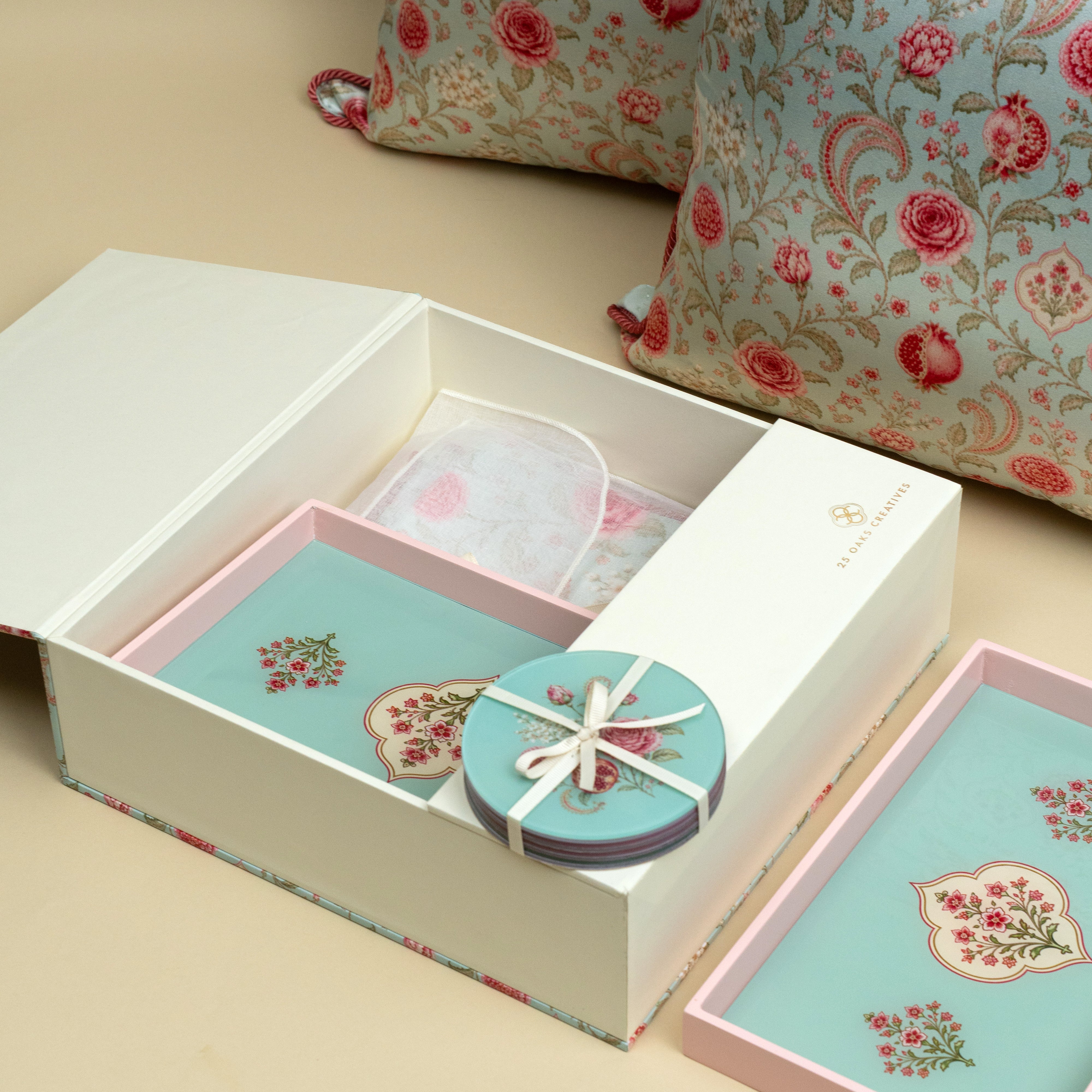 Set of 2 floral cushion covers with serving trays and coasters for festive gifting