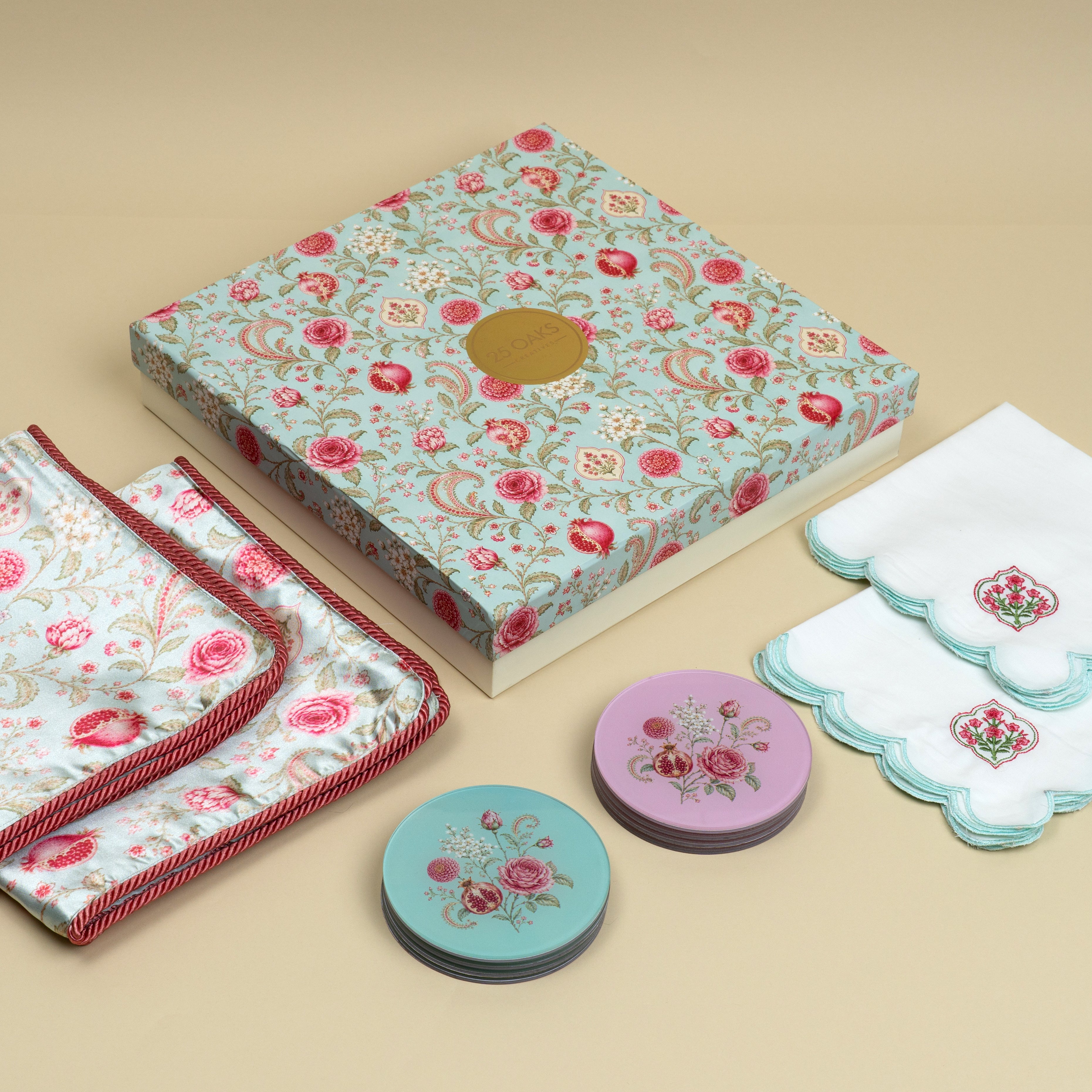 The Cocktail Hour festive gifting set with floral cushion covers, cocktail napkins and coasters