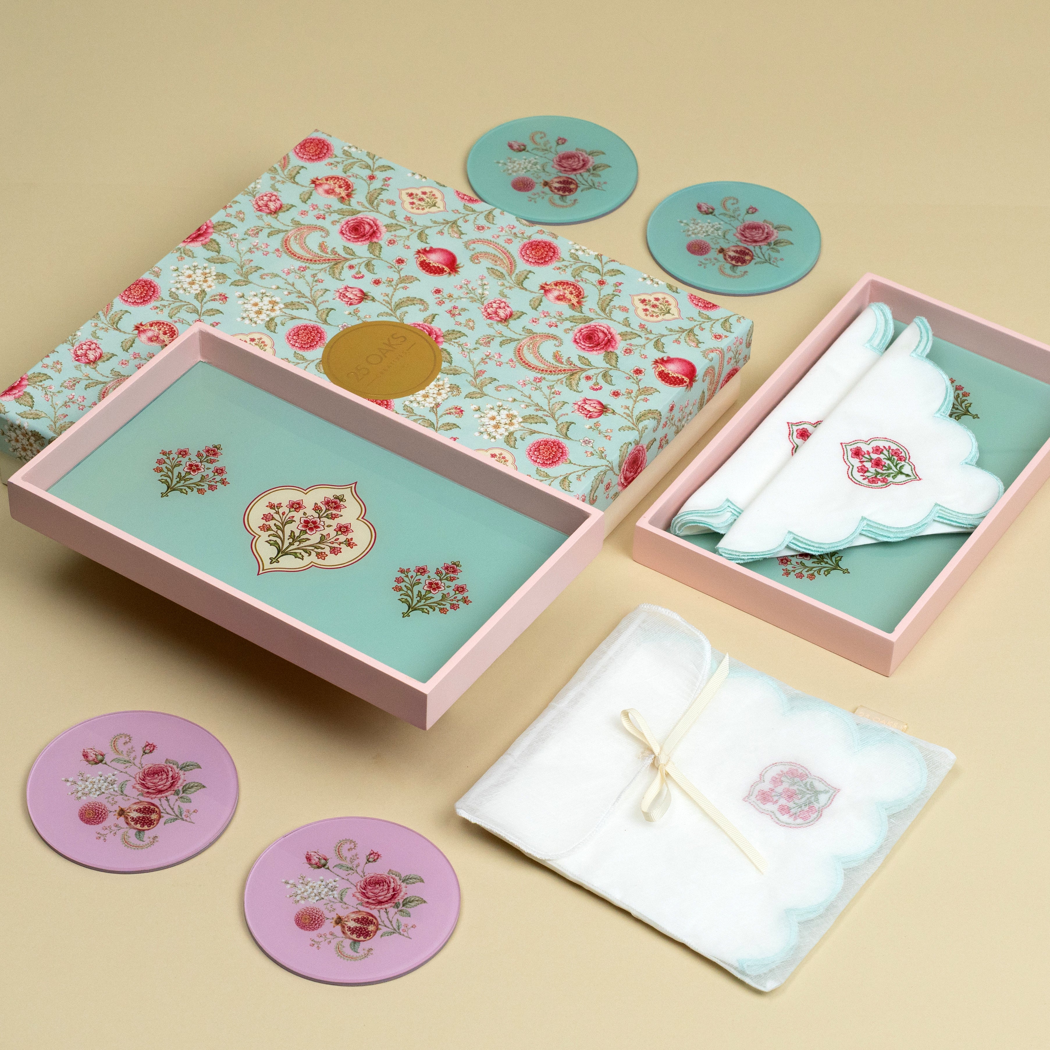 The Pour festive gifting set with serving trays, cocktail napkins and floral coasters