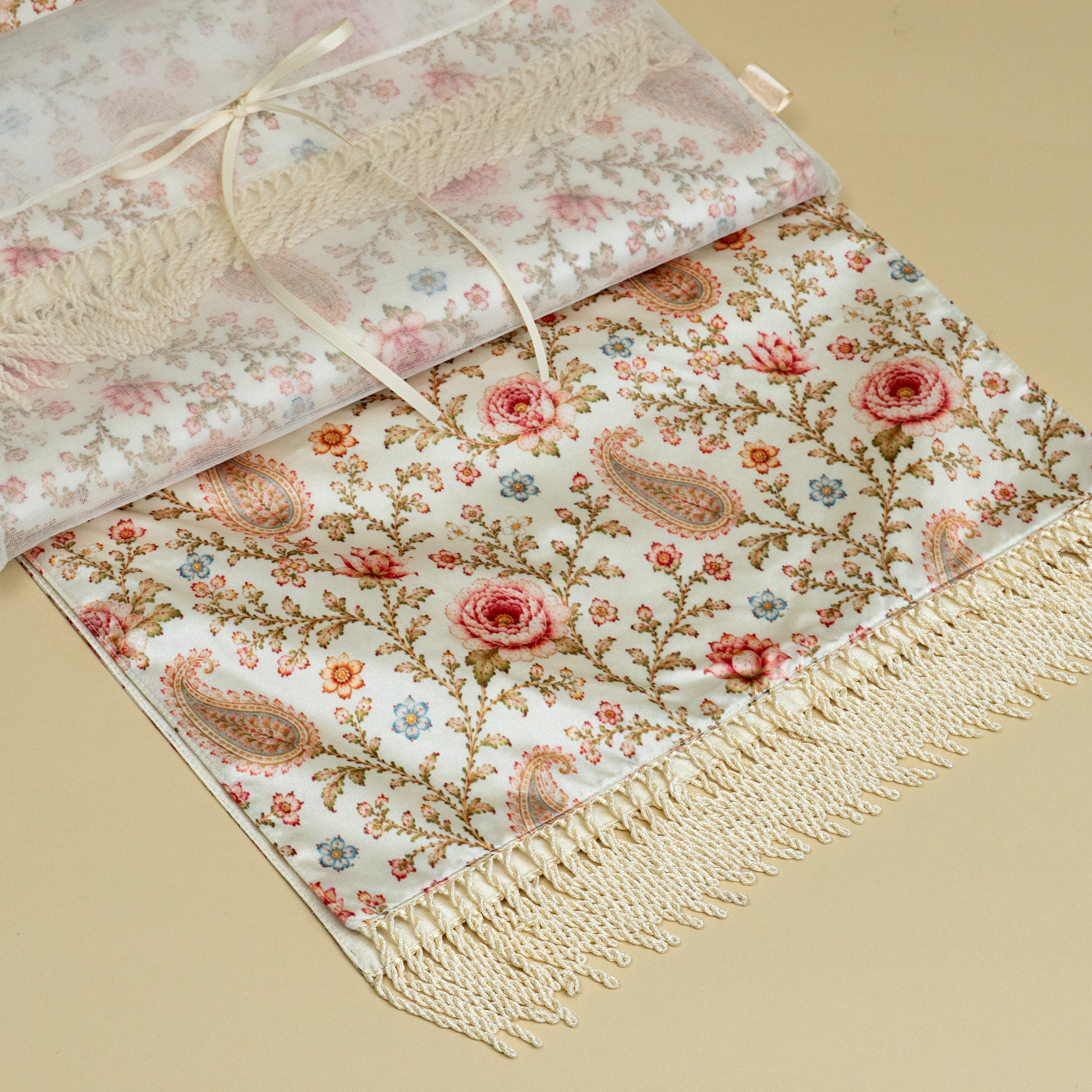 Floral printed table runner styled for festive dining and home entertaining