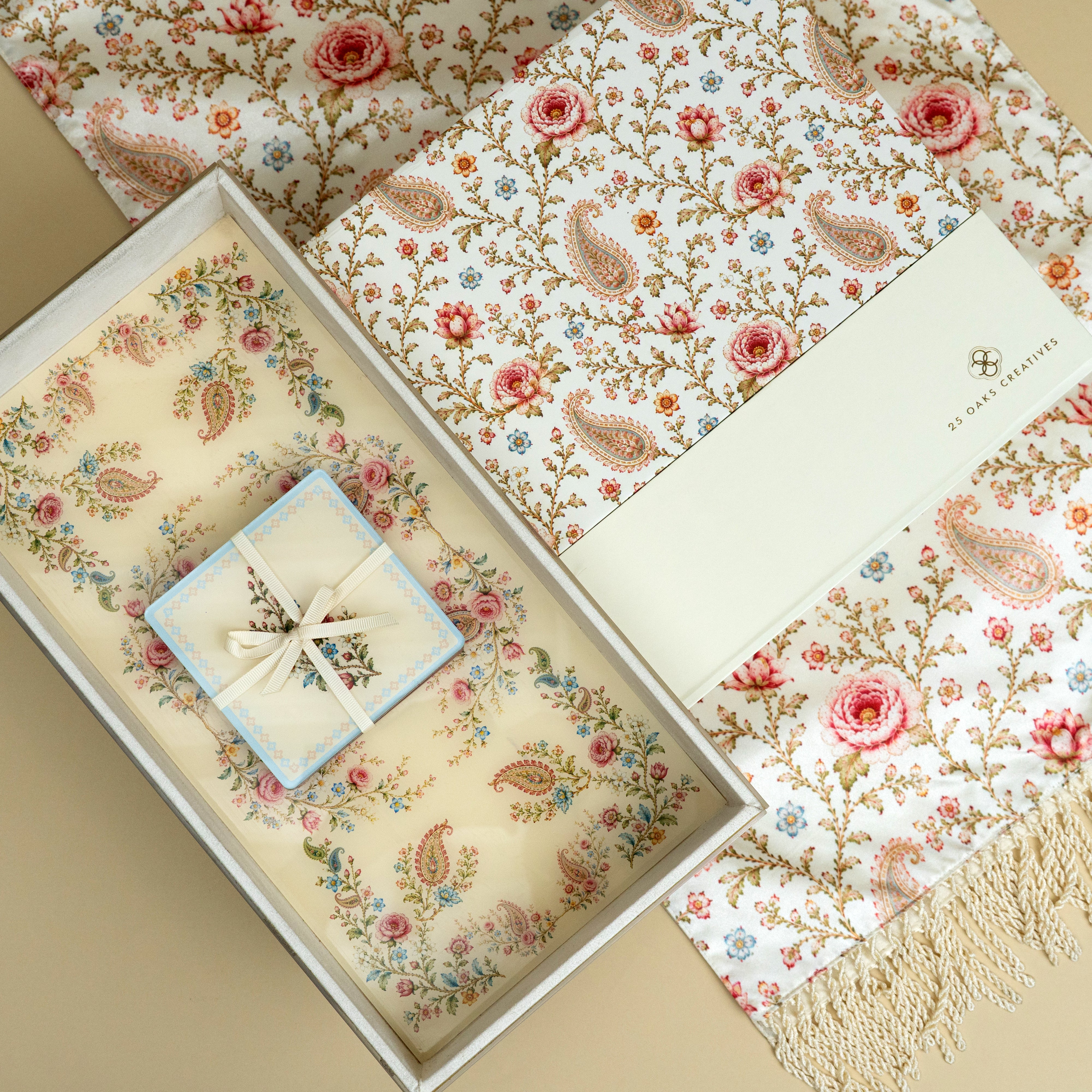 Floral and paisley table setting gift set arranged for festive entertaining
