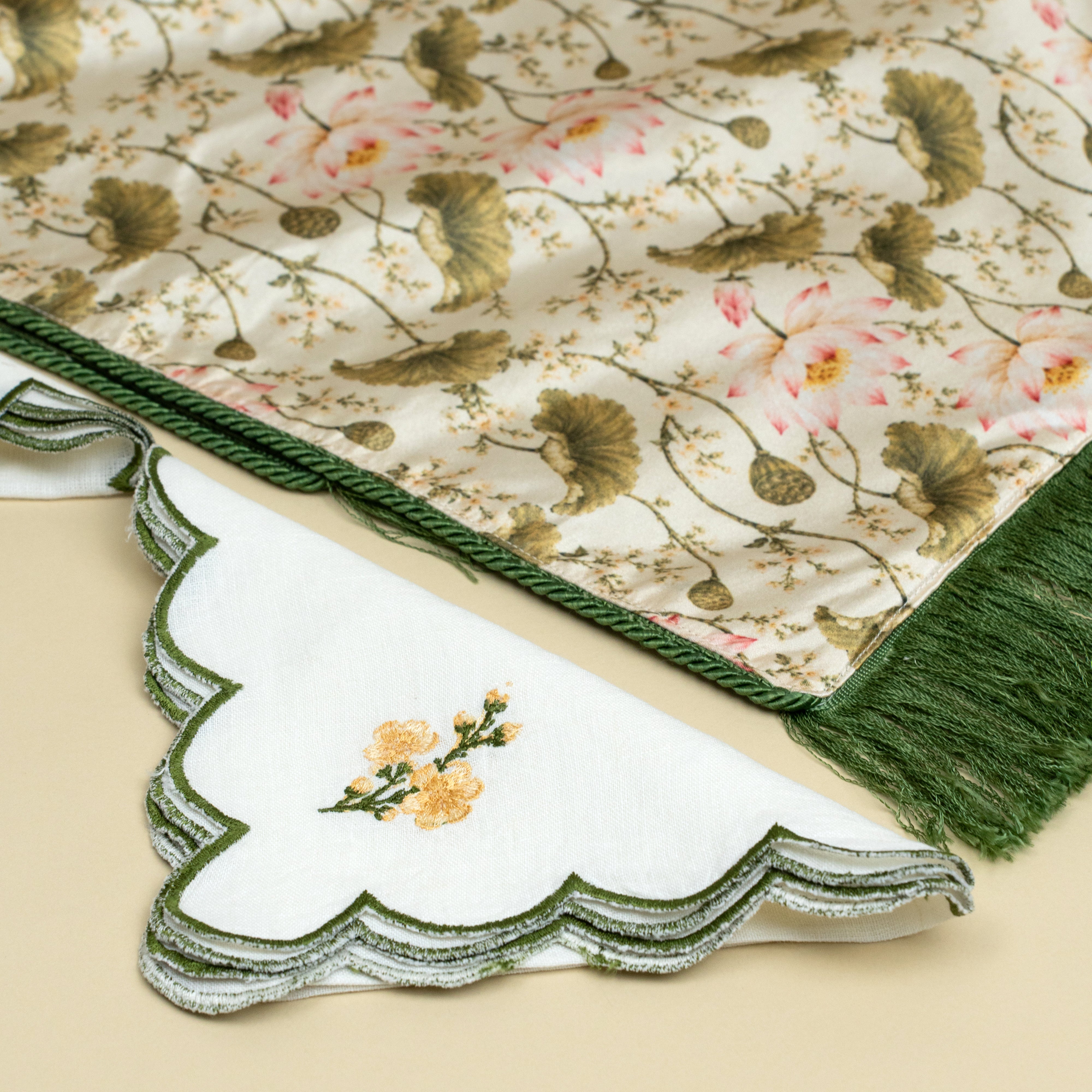 Green and pink floral table linen set with matching dinner napkins