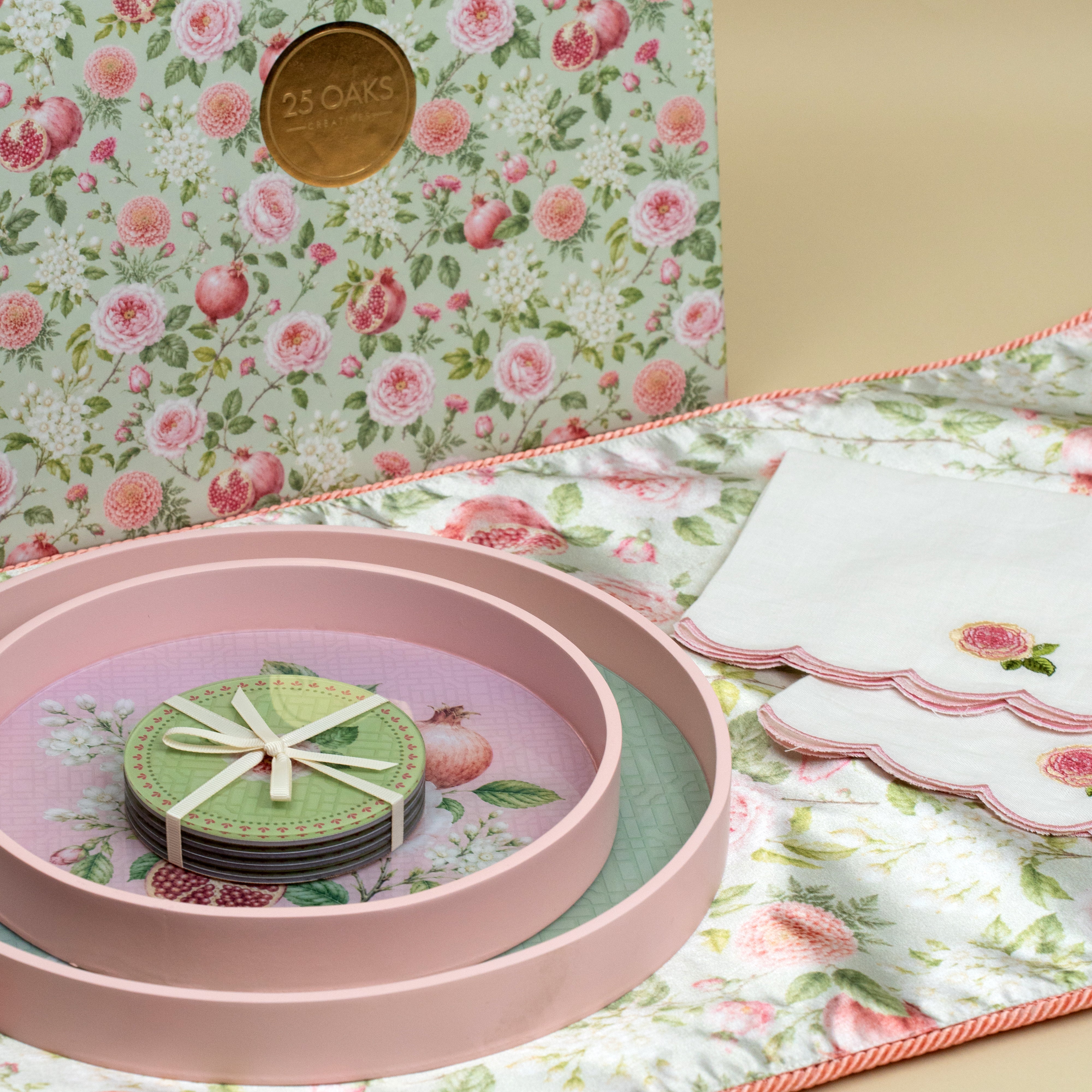 Premium floral serving and tableware gift set in pink, sage green and ivory