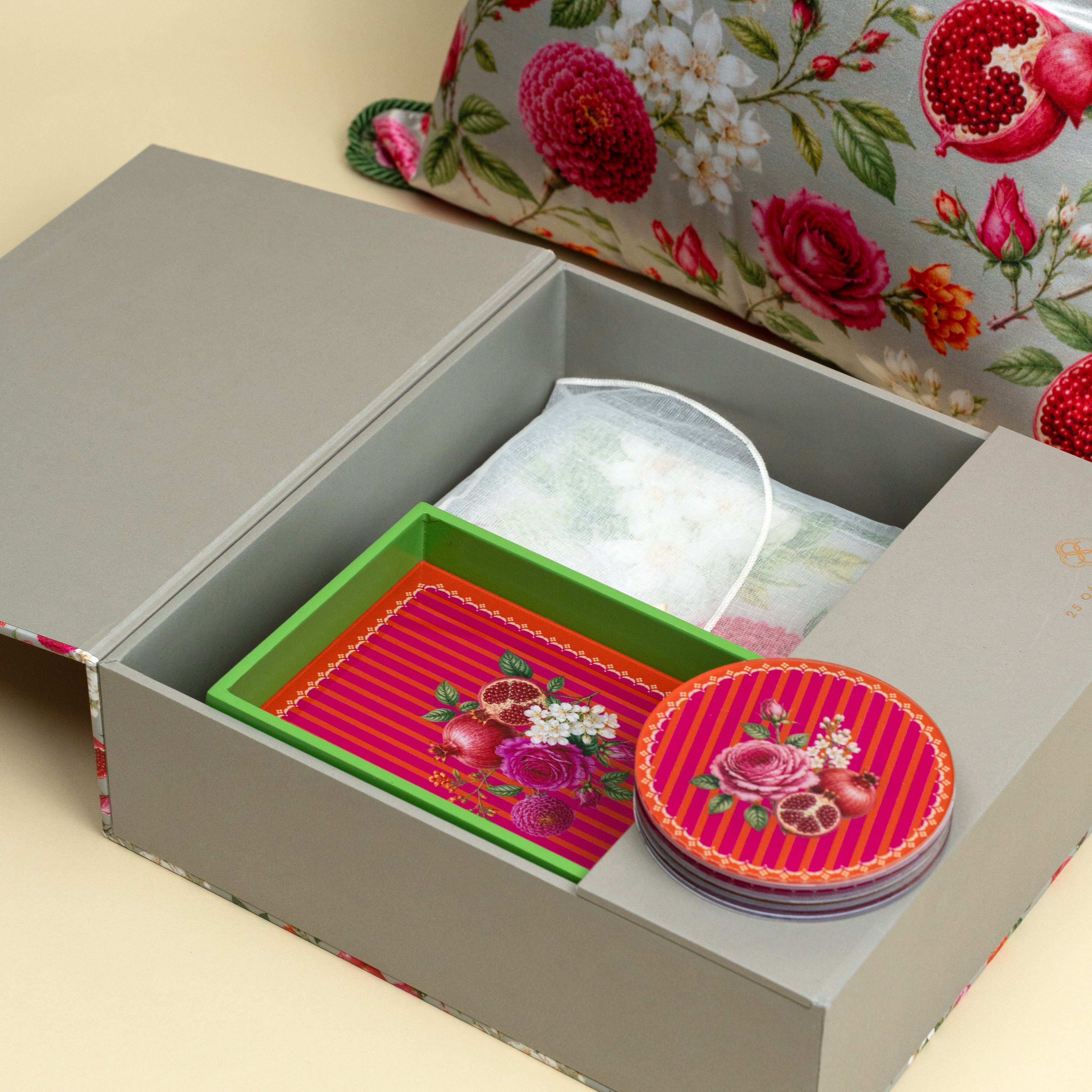 Festive floral cushion covers and personalized trinket trays gift set