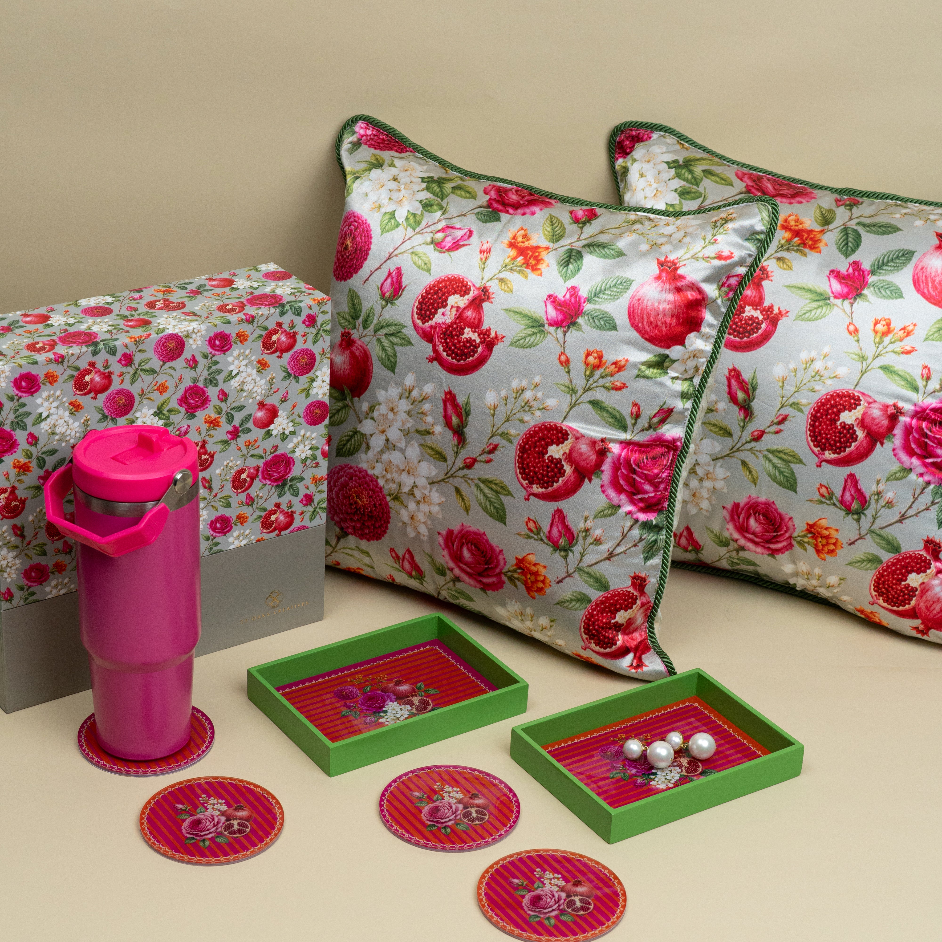 The Retreat corporate gifting set with pomegranate floral print accessories