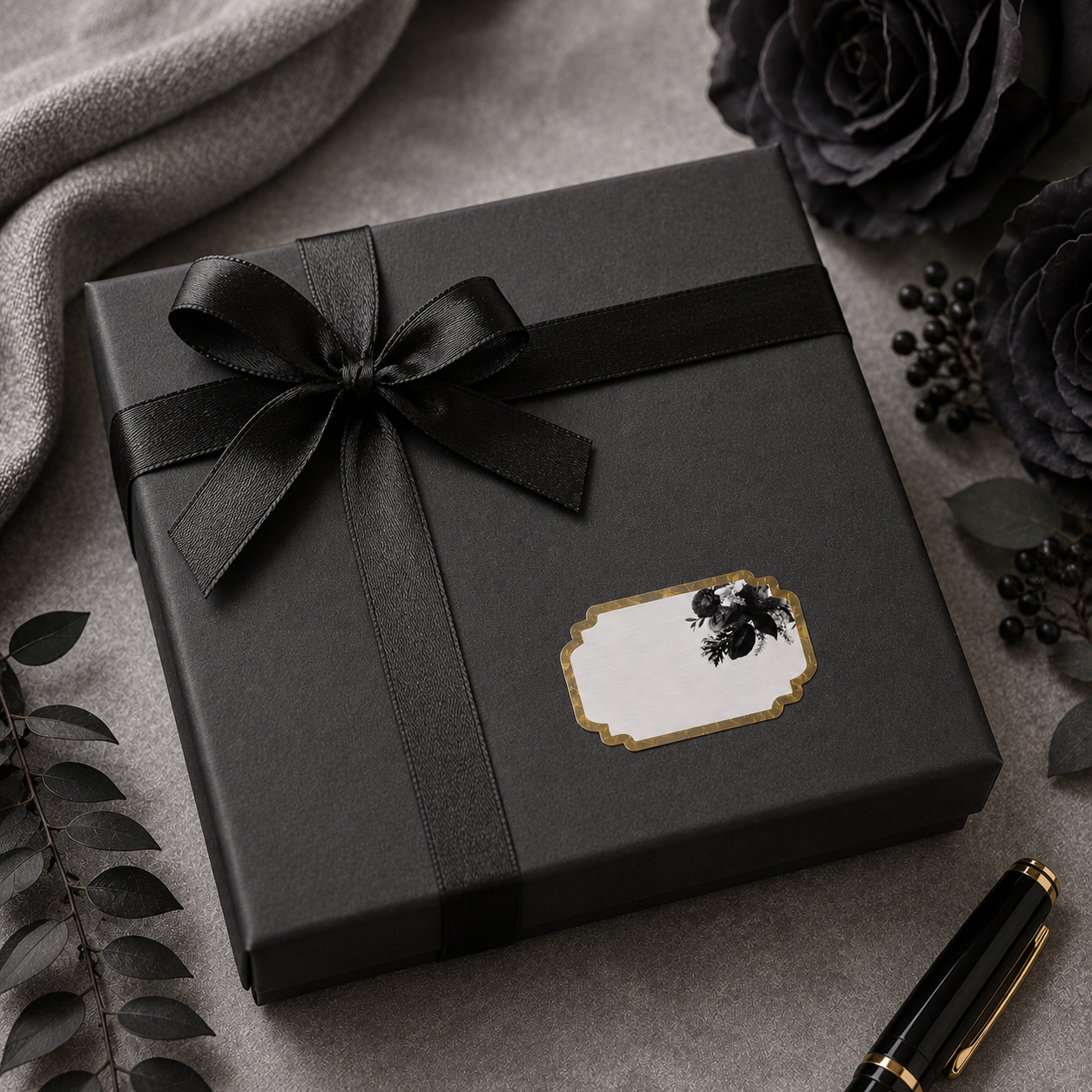 Elegant monochrome gift sticker with black rose artwork and refined gold detailing, perfect for weddings and festive hampers.
