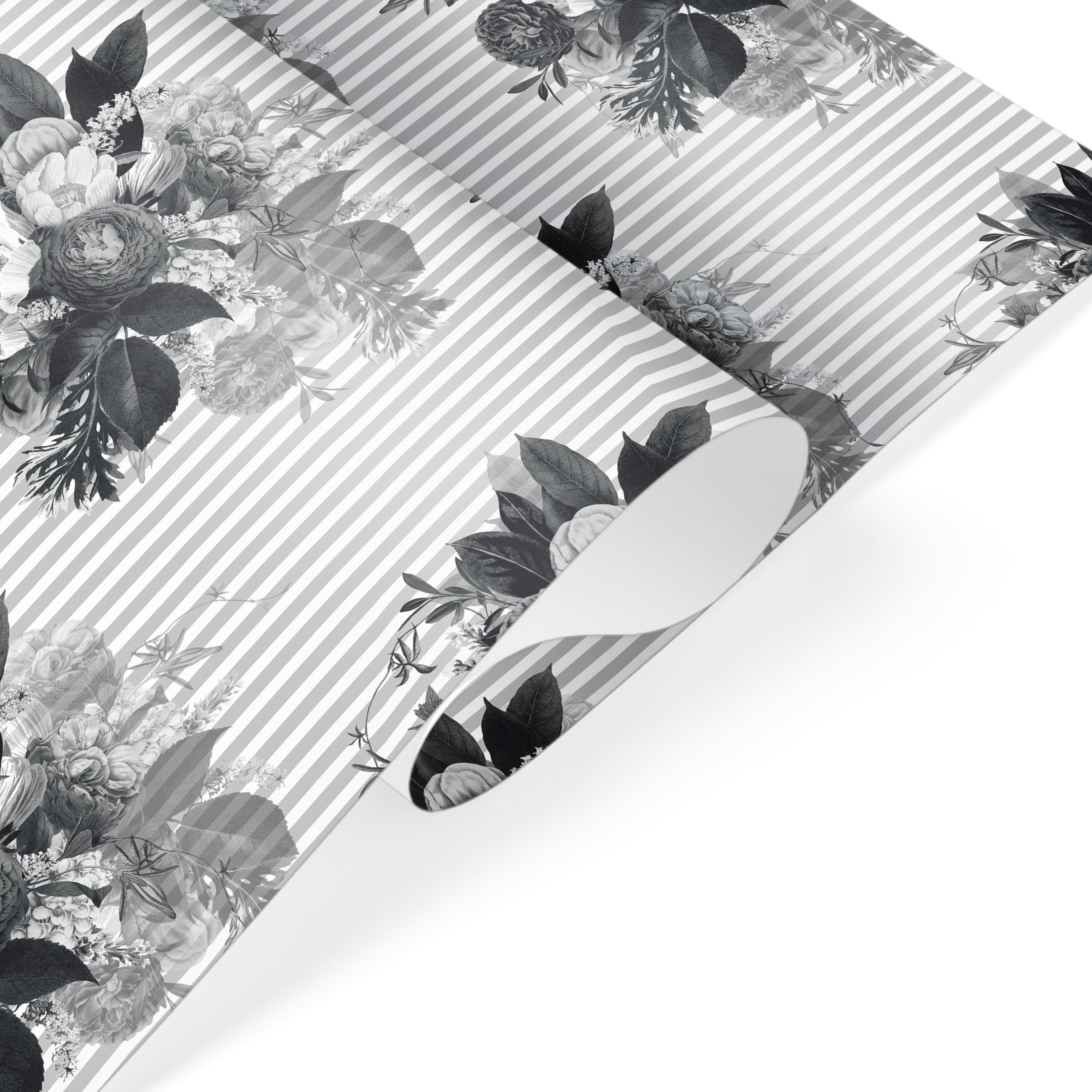 Monochrome floral wrapping paper with black botanical bouquets on gray stripes, elegant luxury gift wrap.