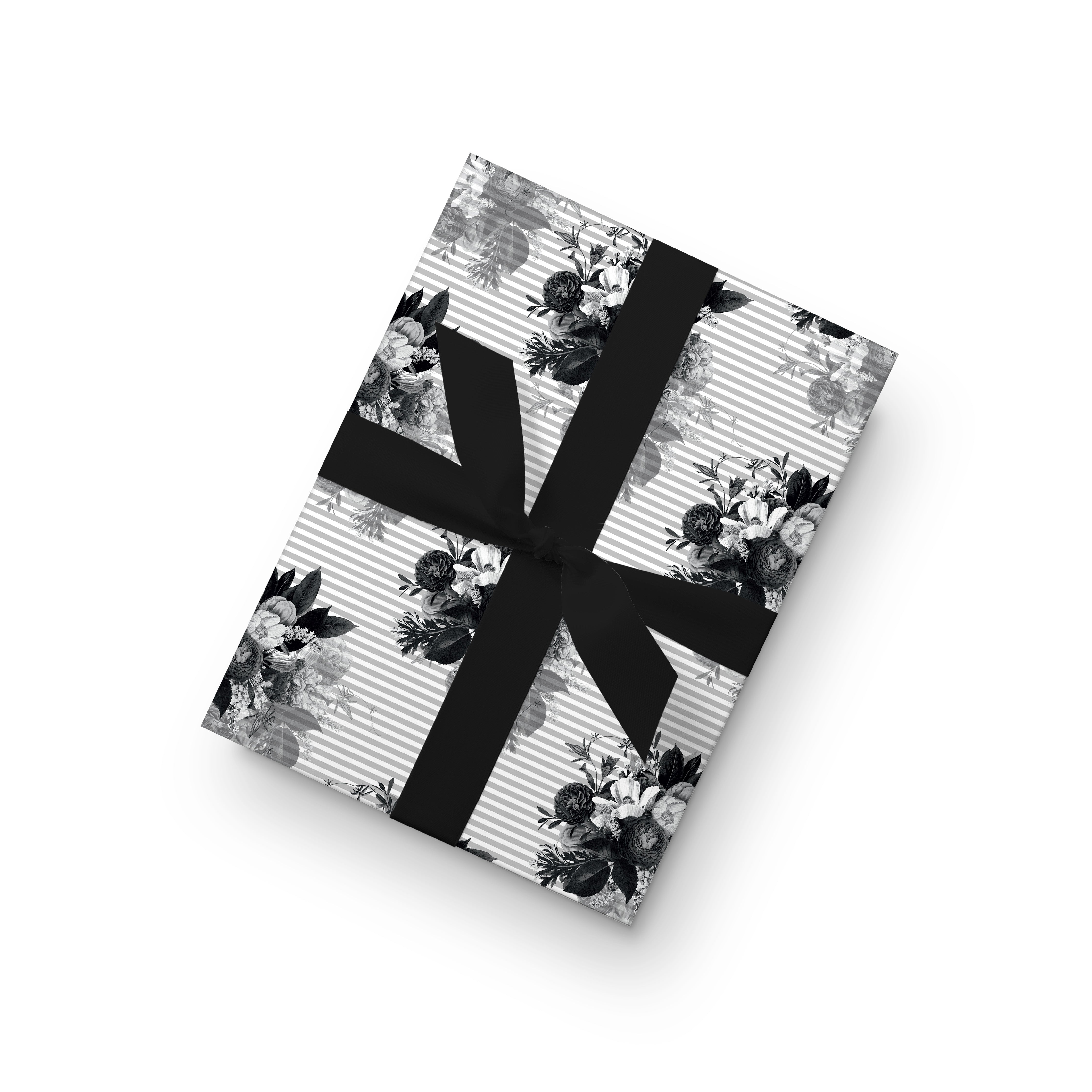 Monochrome floral wrapping paper with black botanical bouquets on gray stripes, elegant luxury gift wrap.