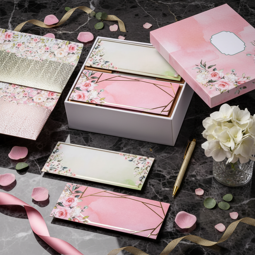 Luxury floral stationery gift set featuring blush pink and sage green tones with gold geometric accents, envelopes, cards and a keepsake box.