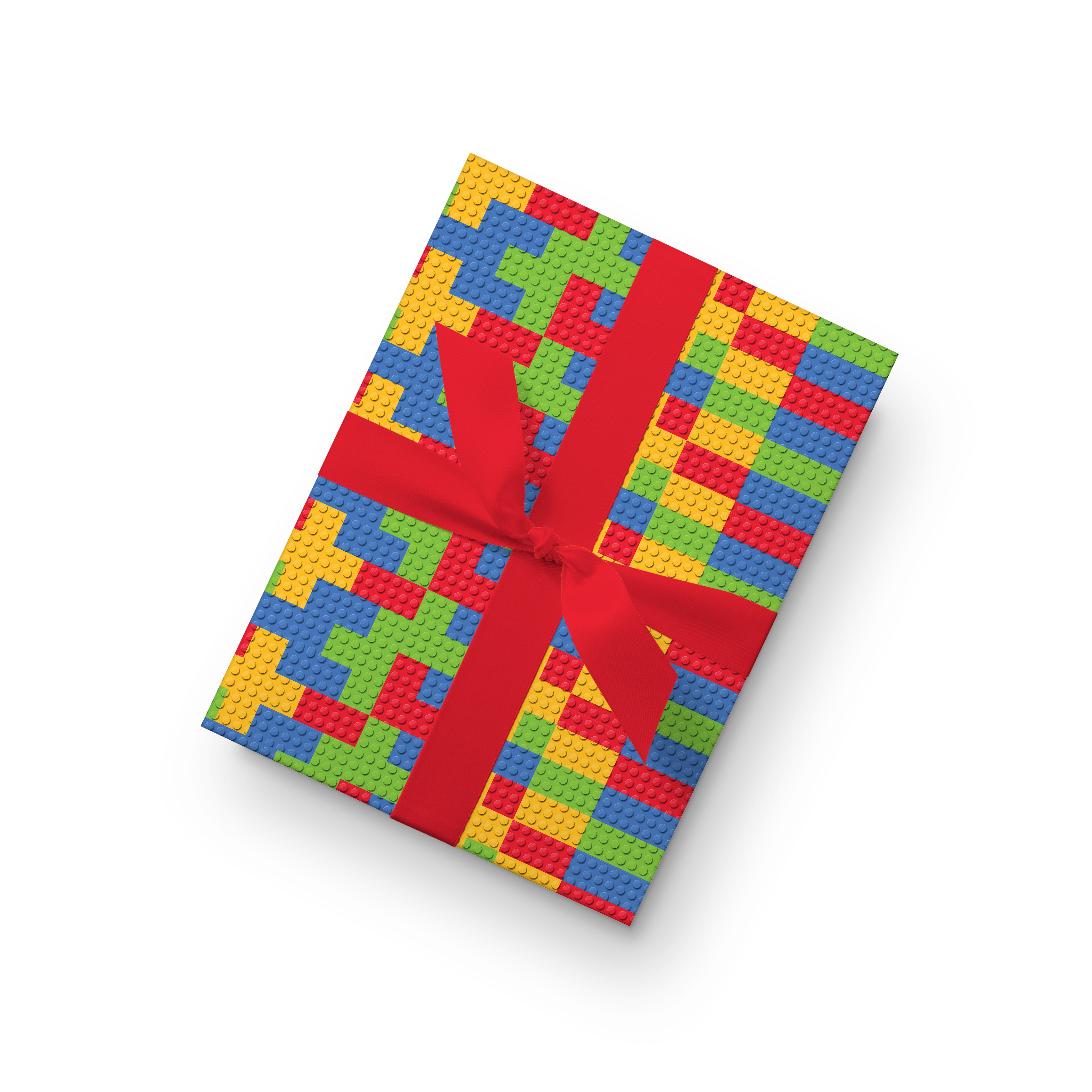Colorful building blocks wrapping paper with red, blue, green, and yellow pattern, fun kids gift wrap.