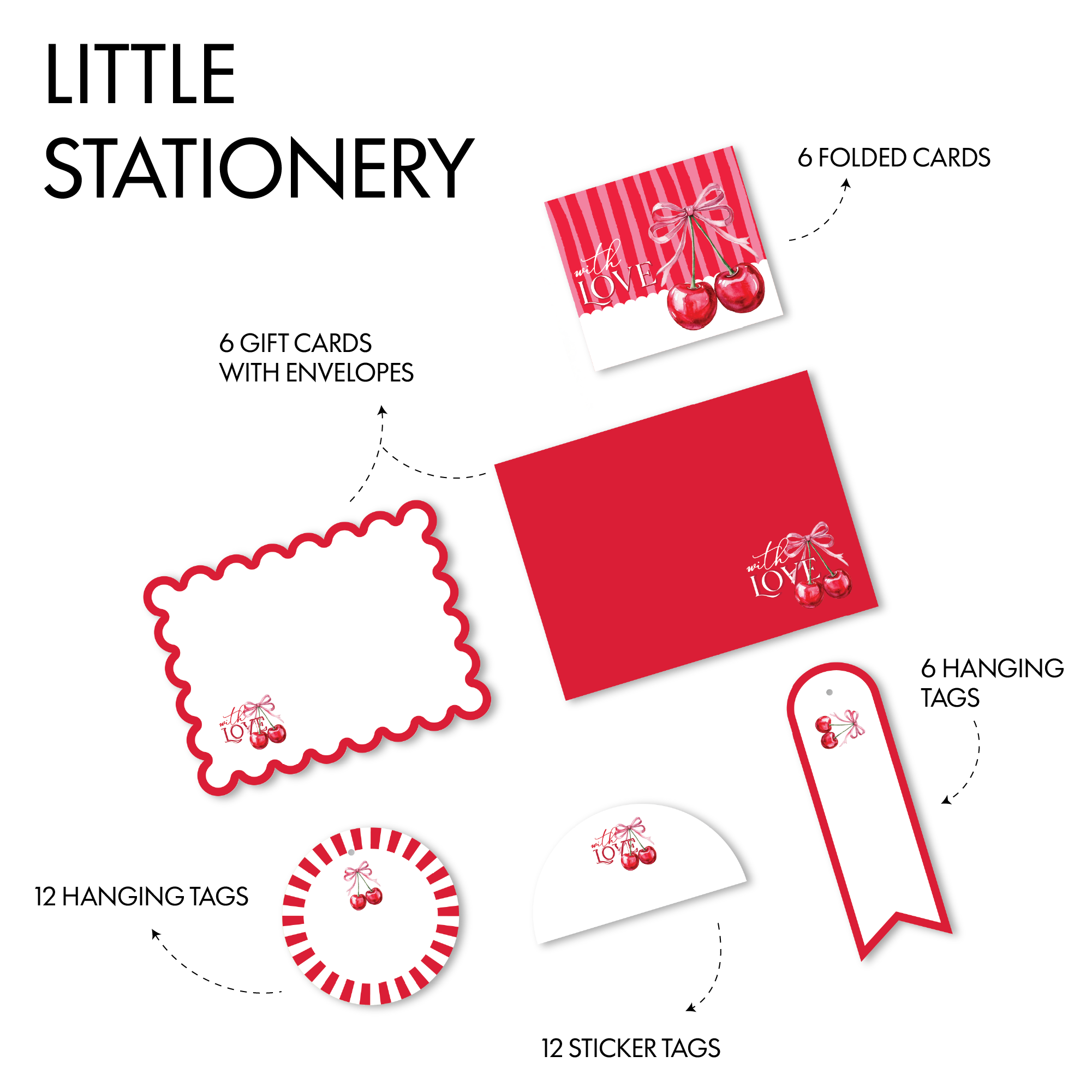 Elegant red kids stationery set with cherry design and minimal style