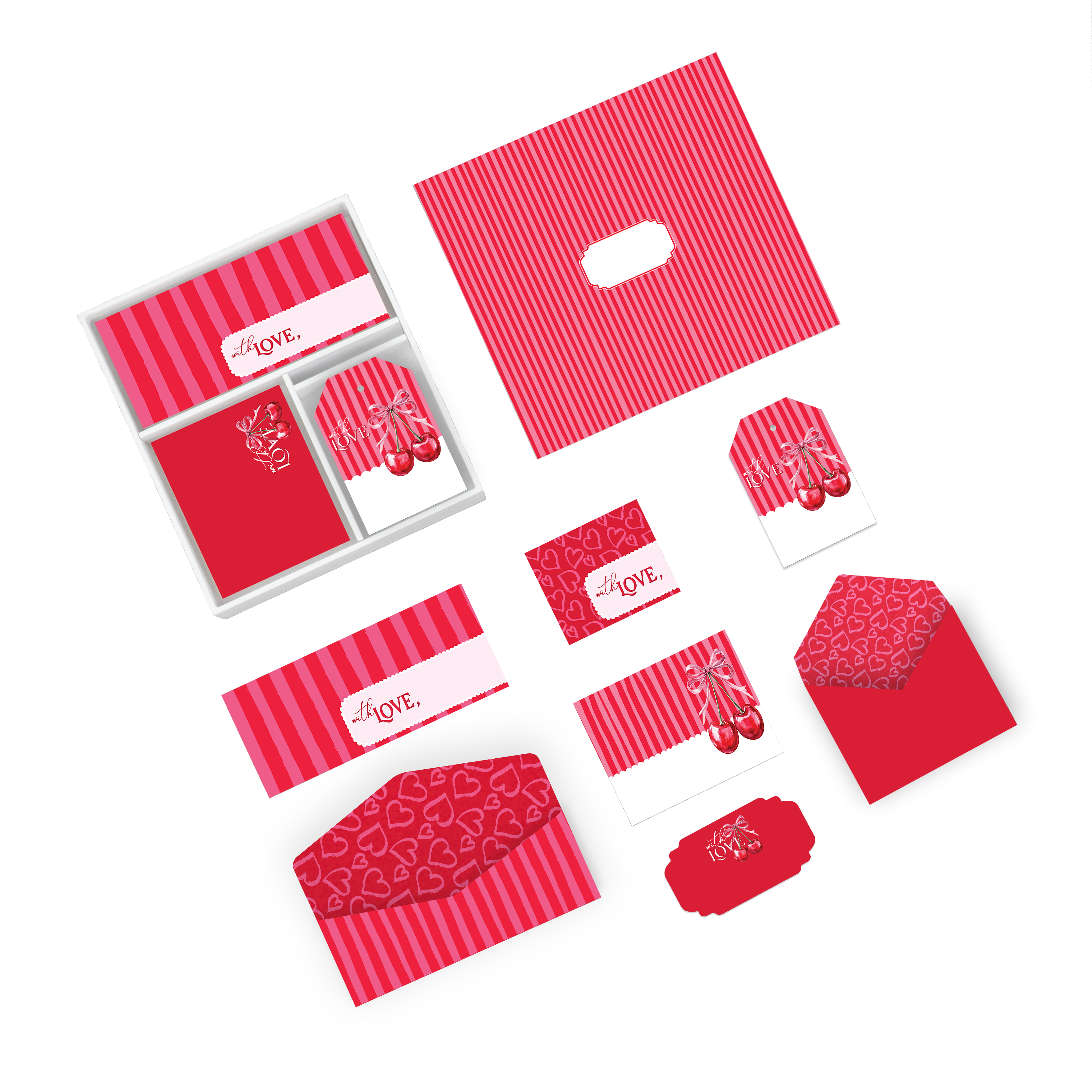 Romantic cherry stationery gift set with red stripes, cards, tags, envelopes, perfect for Valentine's.