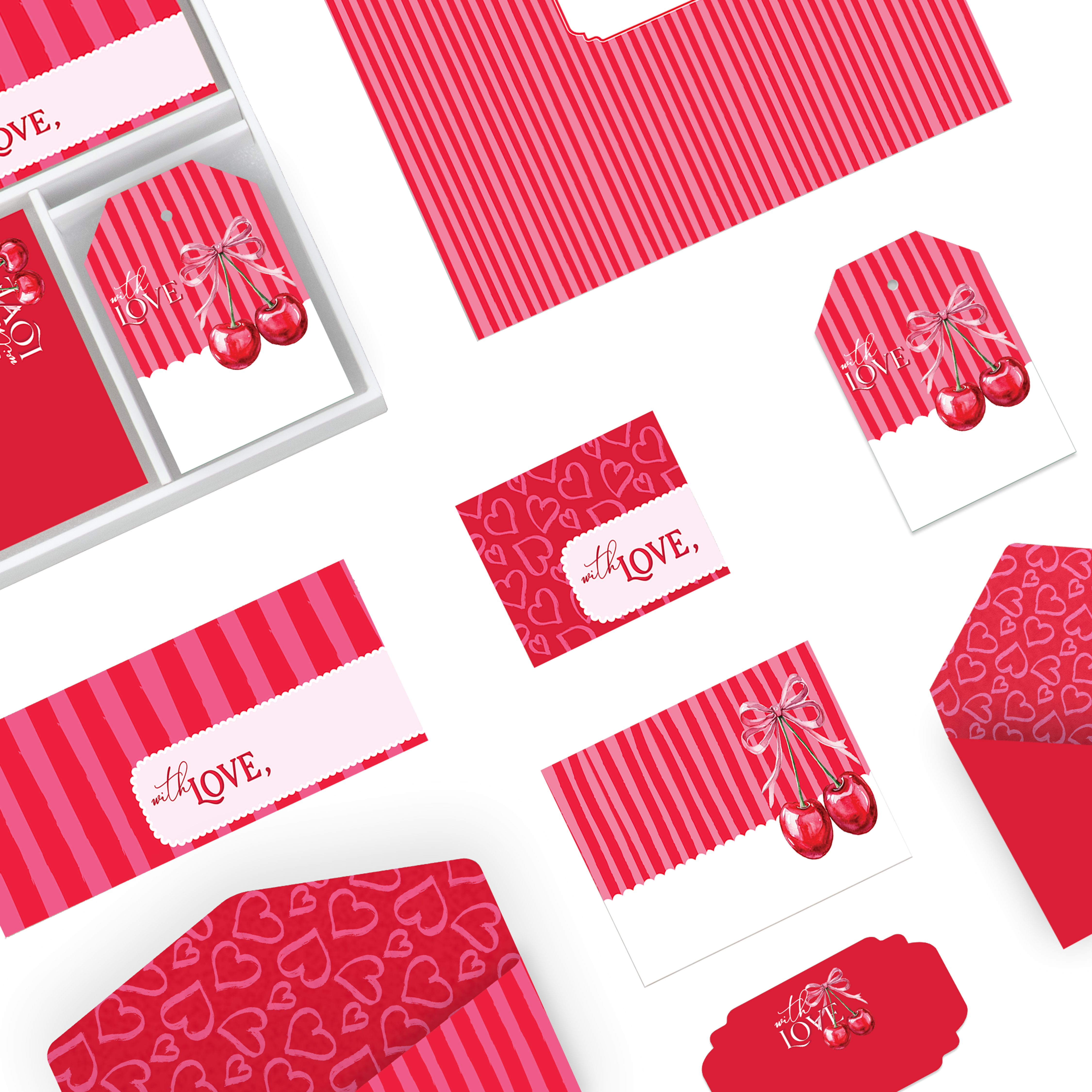 Romantic cherry stationery gift set with red stripes, cards, tags, envelopes, perfect for Valentine's.